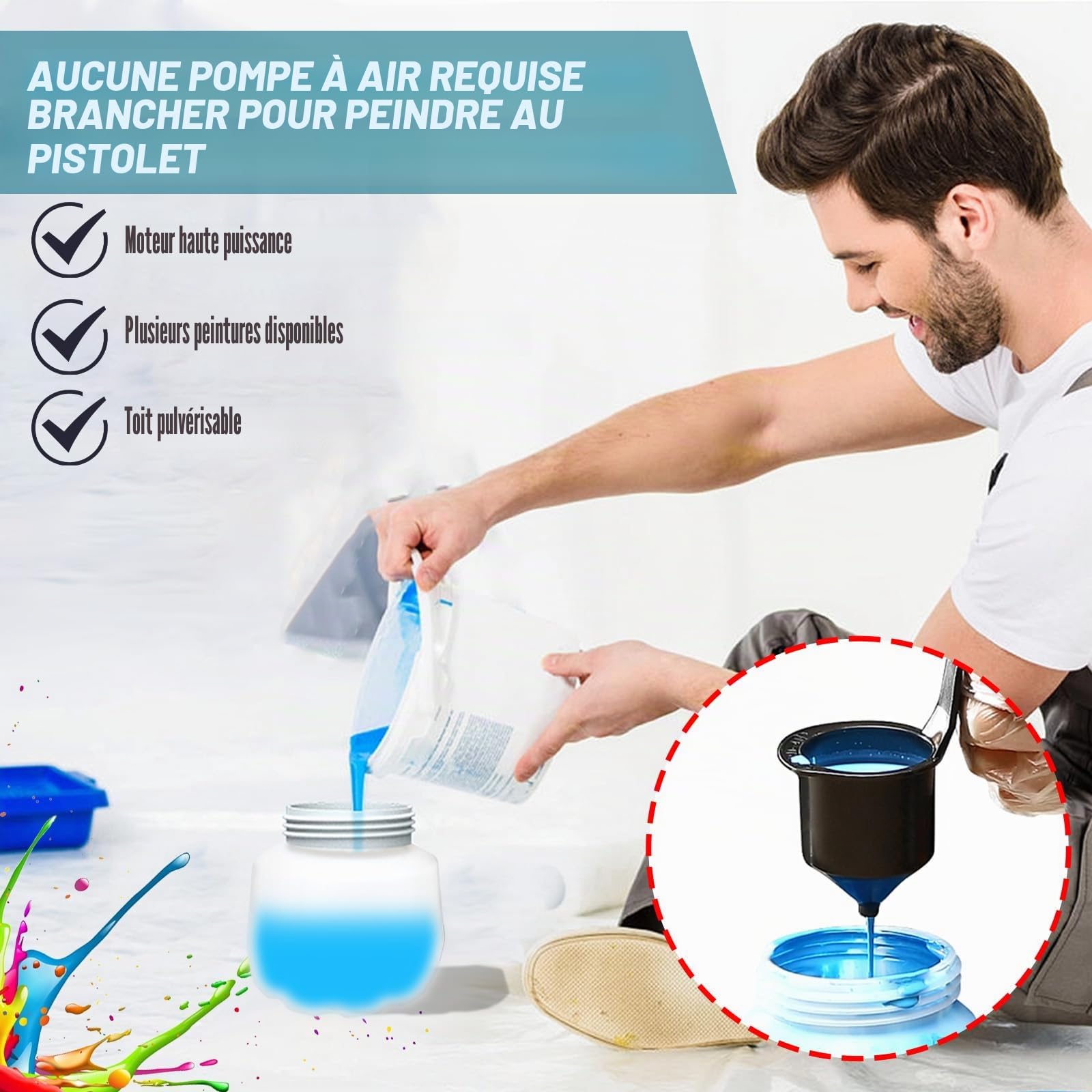 Pistolet a Peinture sans Fil 18V avec 2 Batteries 3000mAh et Chargeur – 3 Buses 3 Modes de Pulvérisation, Réservoir PVC 1000ml, Aiguille et Buse en Cuivre Pur pour Portes, Murs