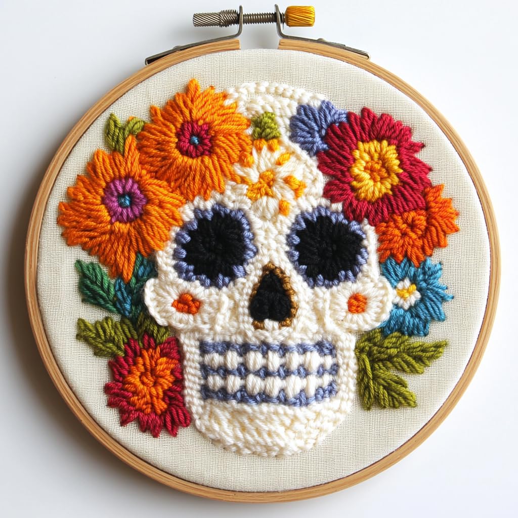 DIY Punch Needle Kits Skull Head with Flowers Easy for Beginners Punch Needle Embroidery Set with Hoop Stamped Pattern for Craft Lovers and Home Decor-1
