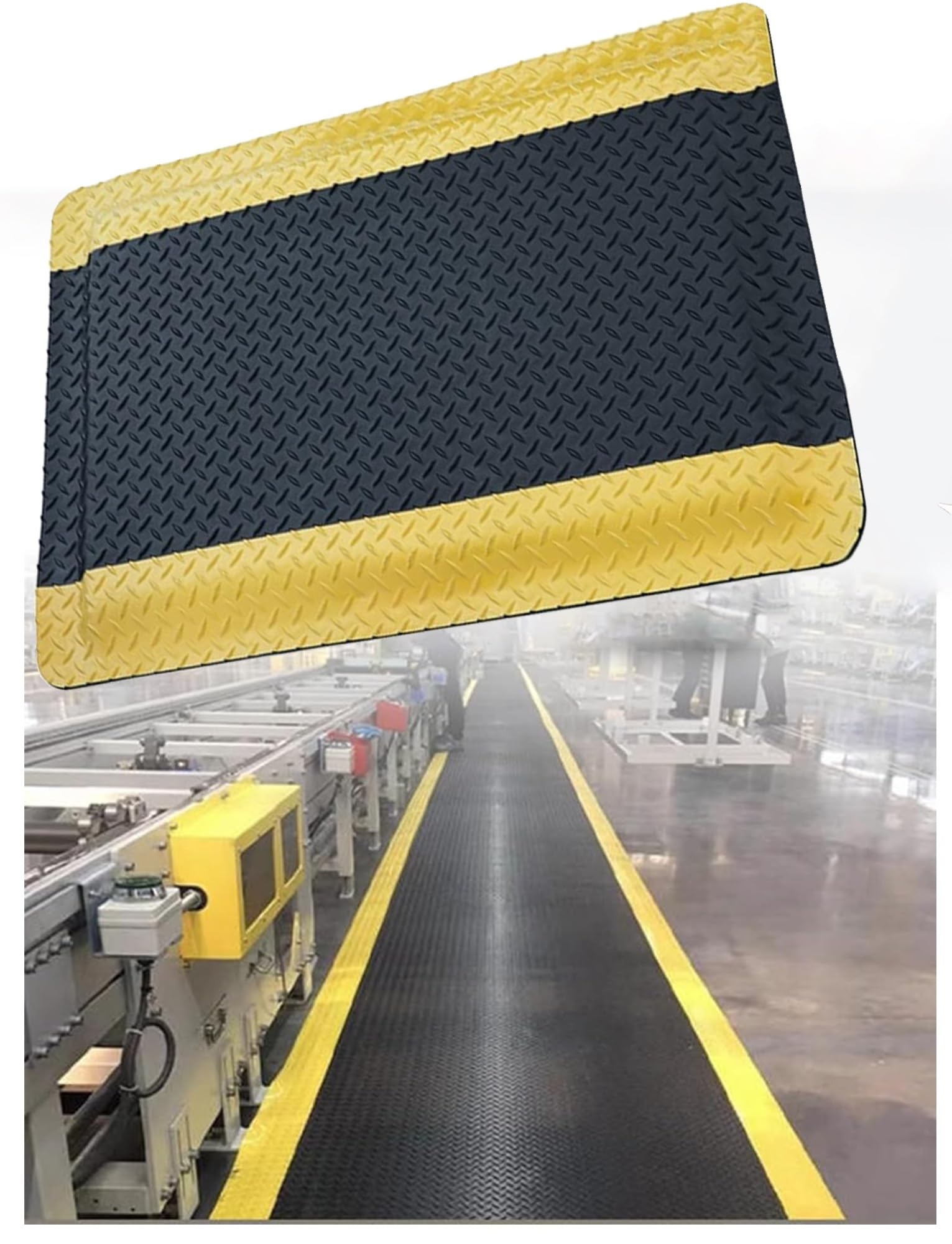 Alfombra antifatiga Industrial PVC 20mm Esterilla Suelo Antideslizante | Para talleres y almacenes con acolchado cómodo, diseño diamante y apoyo prolongado(Black-Yellow,70x60cm)