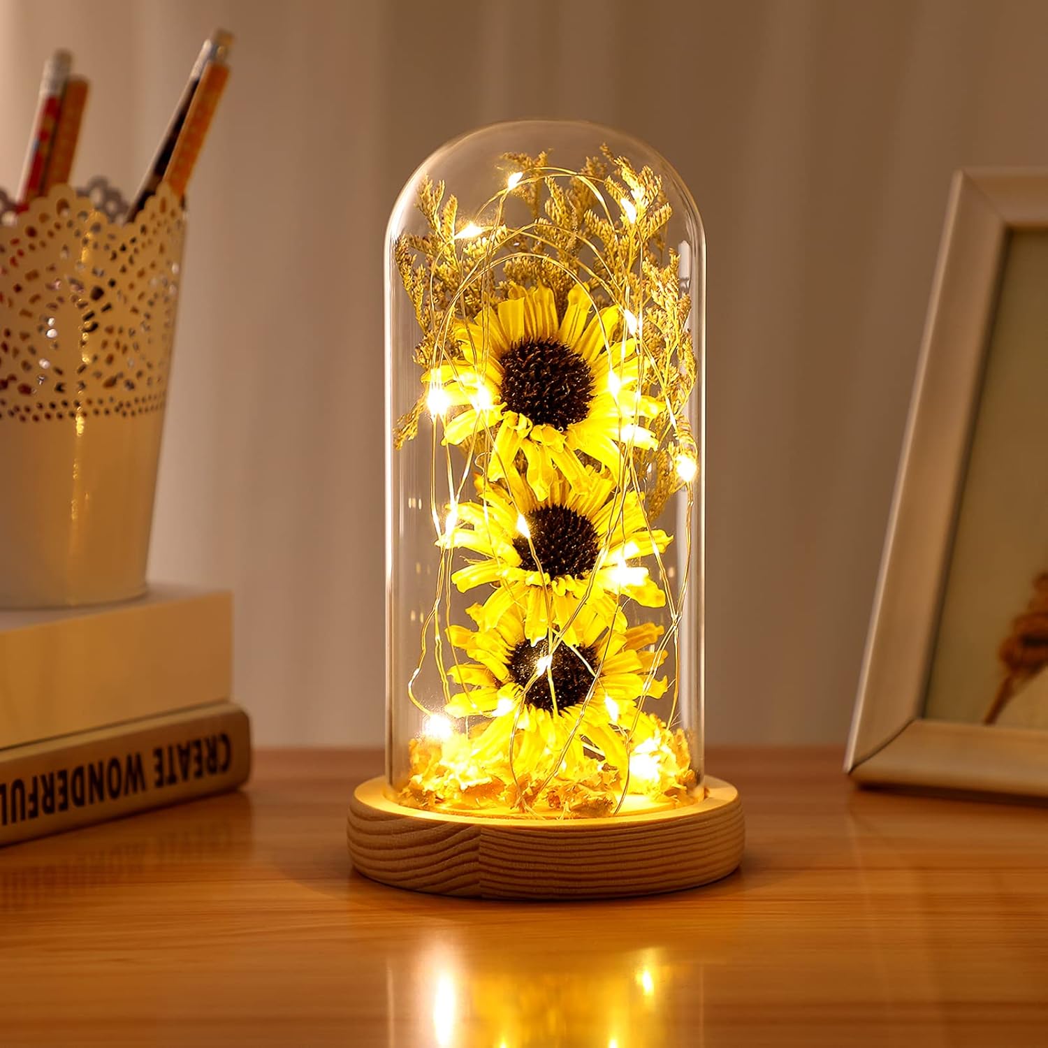 Artificial Sunflower in Glass Dome with LED Light, Sunflower Decor for Valentines Day Christmas Festival (Yellow)