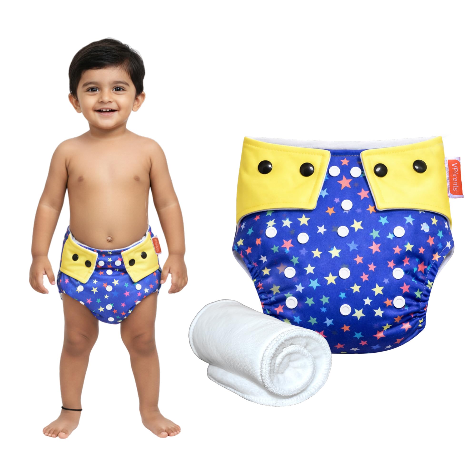 VParents Unisex Star Print Reusable And Adjustable Cloth Diapers With Ulta Absorbent Insert With 5 Layers- Washable(Blue)-image-1