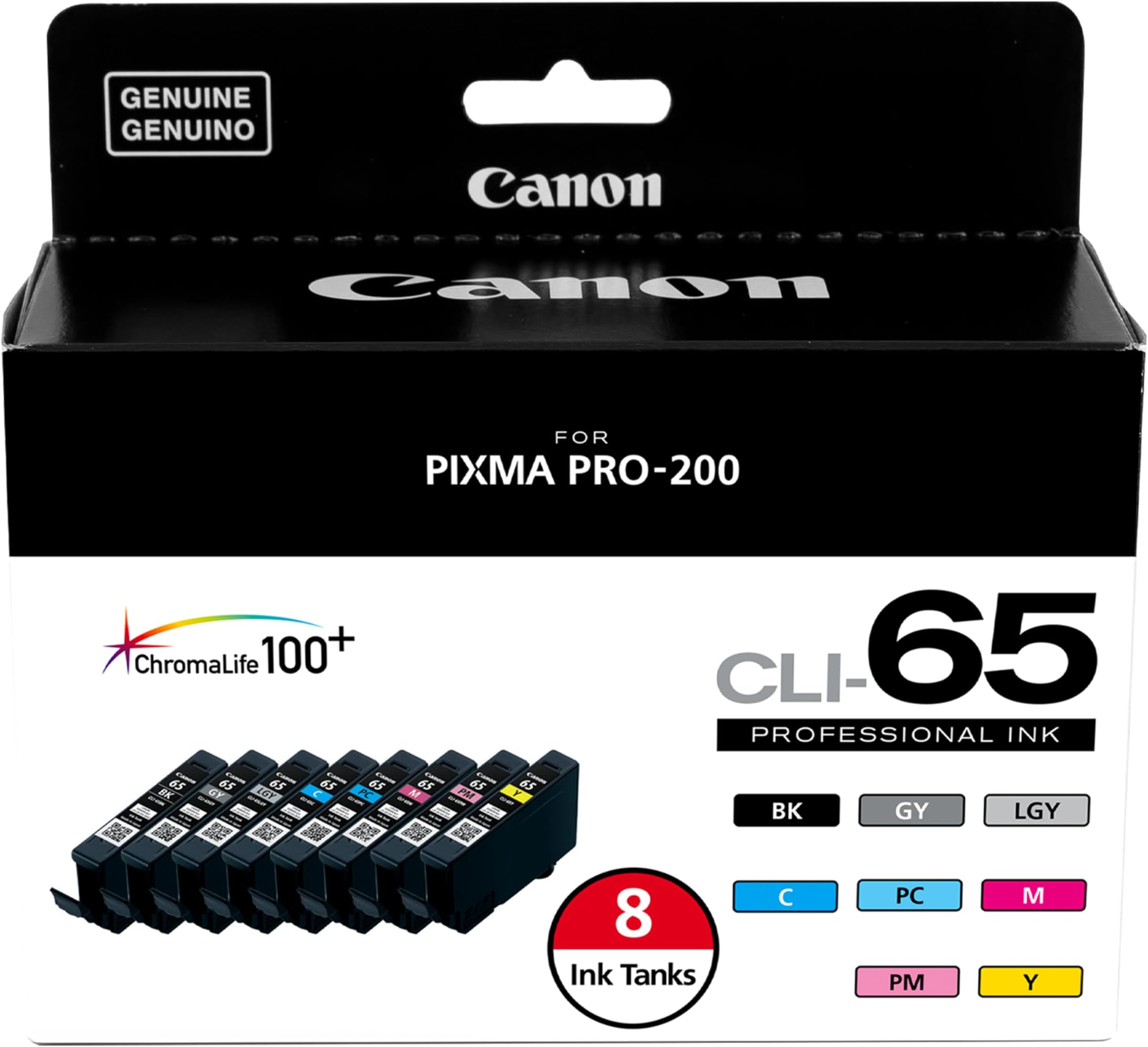 CLI-65 Genuine Eight Color Pack, Compatible with PIXMA PRO-200, and PIXMA PRO-200S Printers