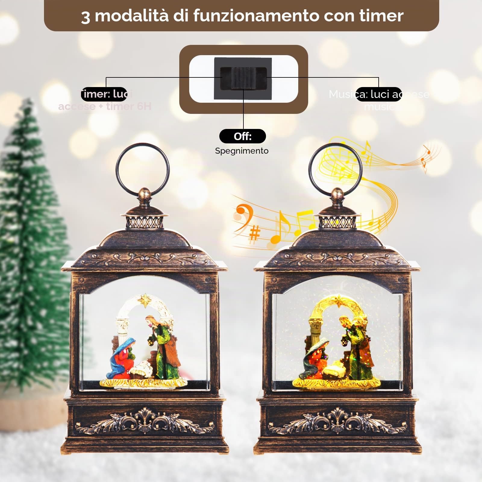 Globo di Neve Palla di Vetro Natalizie Pieno d'acqua Brillantini Vorticosi Lanterna Musicale Presepe Stile Retrò Filatoio ad Acqua con Timer di 6 Alimentazione USB e a Batteria 20 cm Altezza