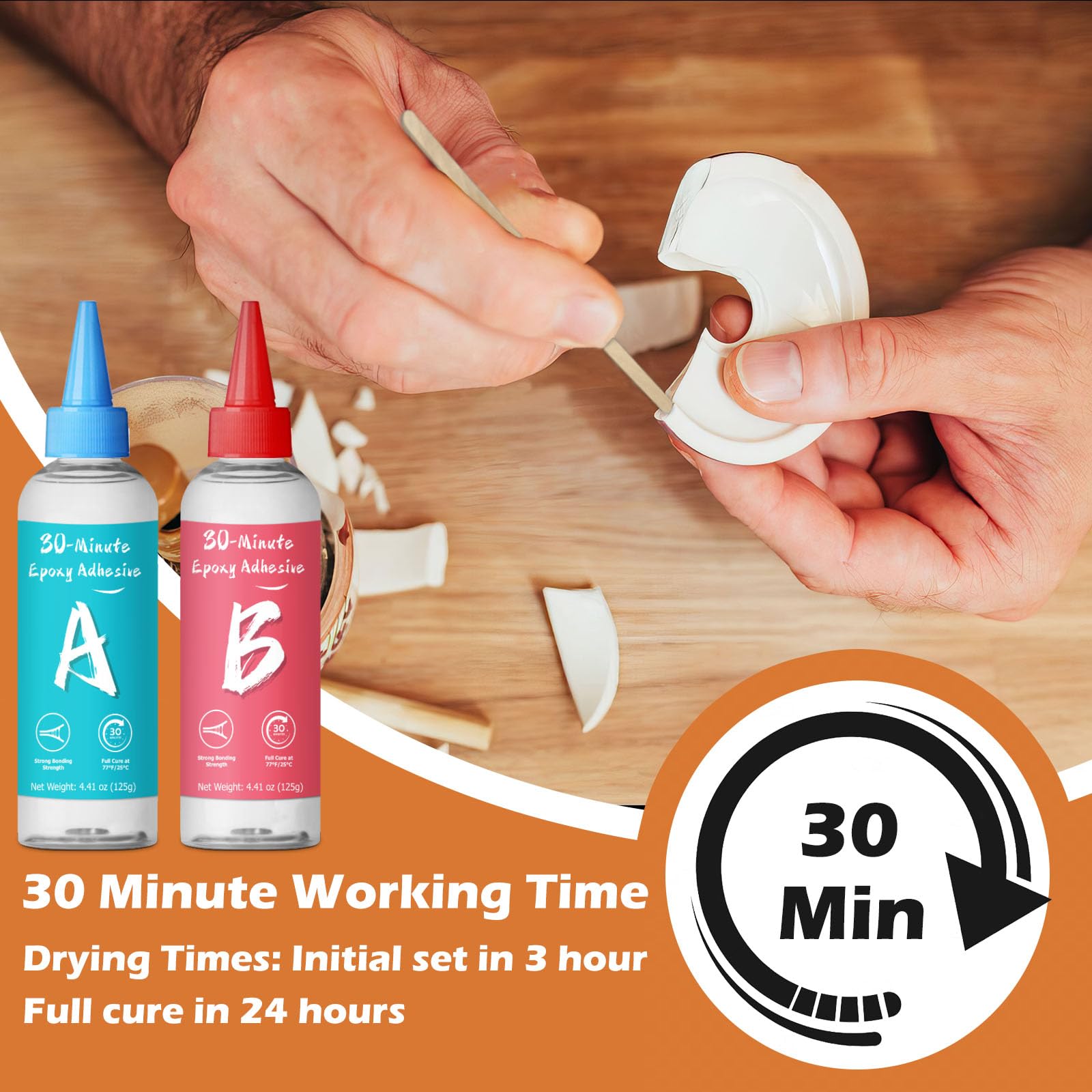 Colle époxy 30 minutes 250 ml, 2 parties de colle époxy transparente à séchage lent pour réparation de céramique, porcelaine, verre, acrylique, plastique, bois, métal, pierre, etc