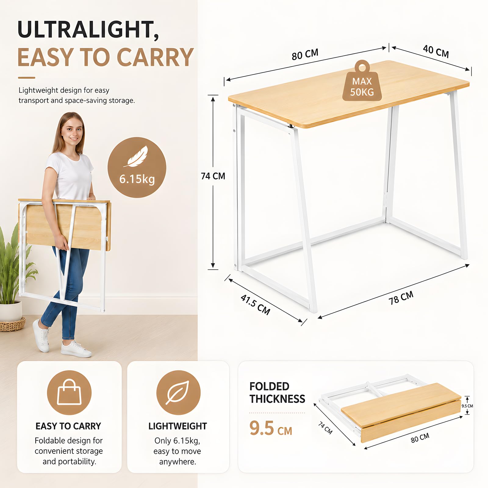 Escritorio Infantil Plegable Mesa Estudio Ordenador para Habitación Juvenil Dormitorio niña Ahorro de Espacio Nórdico Fácil Montaje Esquinas Redondeadas Blanco Roble 80x40x74cm