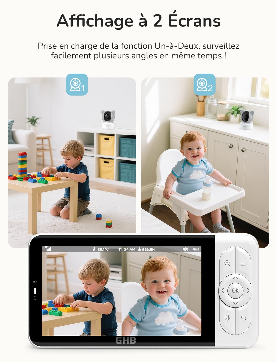 GHB Babyphone Camera 2K Camera Bebe Surveillance 5" Rotation à 350° avec Application Telephone Suivi Automatique Alertes Intelligente des Pleurs/Movements Zoom 4X Détection de Température/Humidité