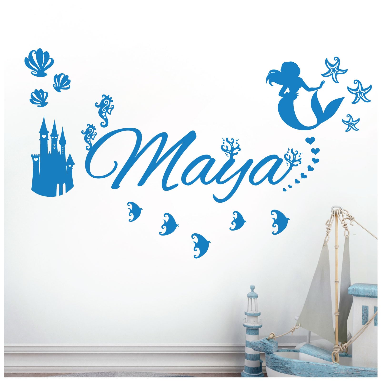 Personalised Name - Little Mermaid Inspired, Ocean, Castle, Starfish - Children's Bedroom Vinyl Wall Decal Sticker [Large] [Ocean] — image 1