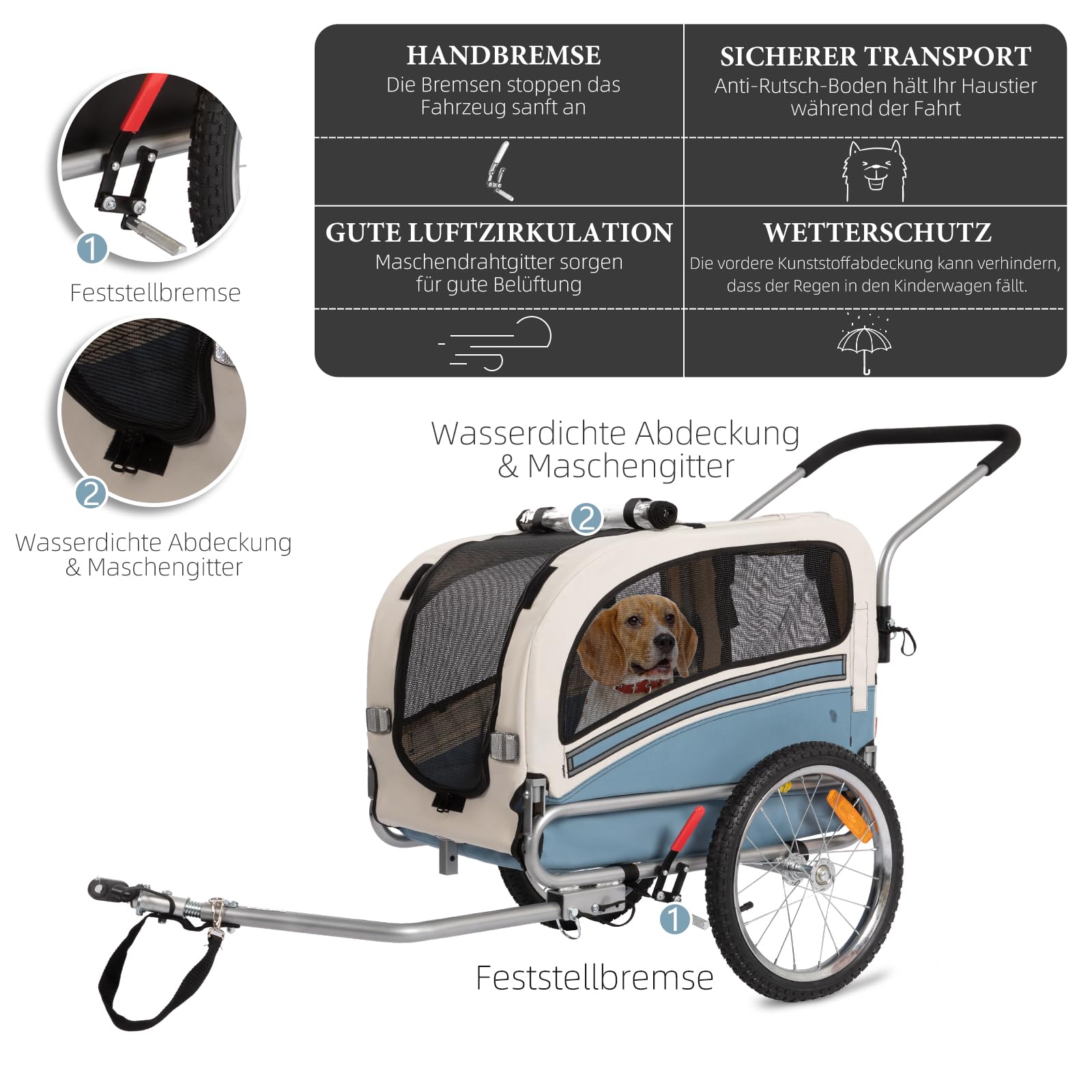Rimorchio per cani 2 in 1 per bicicletta e jogging – Carrello per cani fino a 30 kg pieghevole con freni, bandierina di segnalazione, uso esterno e domestico, facile da montare