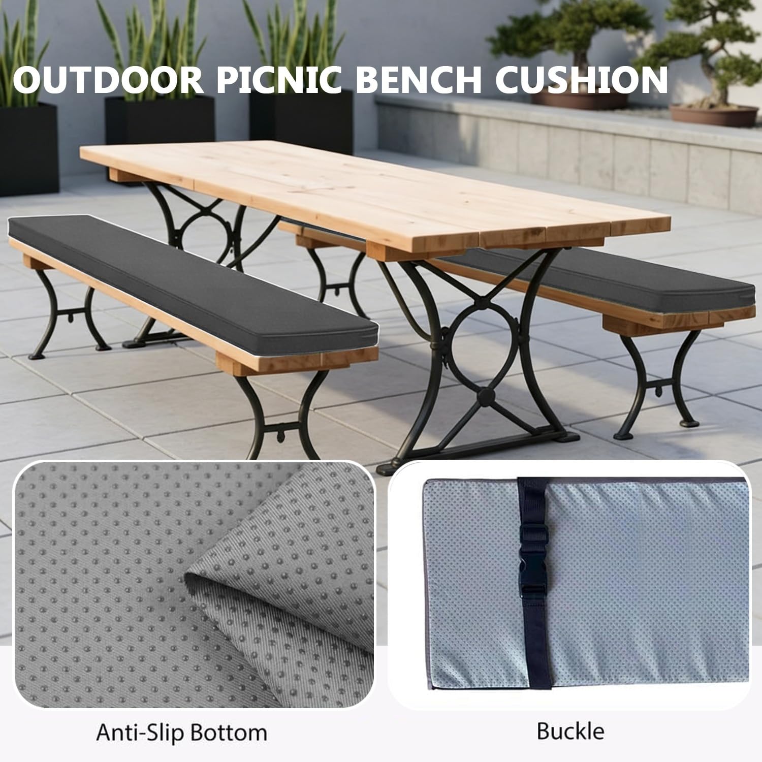 Cuscini Imbottiti per Panchine da Birra, 170x23 180x23, 200x30 220 x 25 x 3 cm, Antiscivolo Lavabile Rimovibile Cuscino Panche per Set di Tende da Festa(Grigio scuro,200x35x3cm)