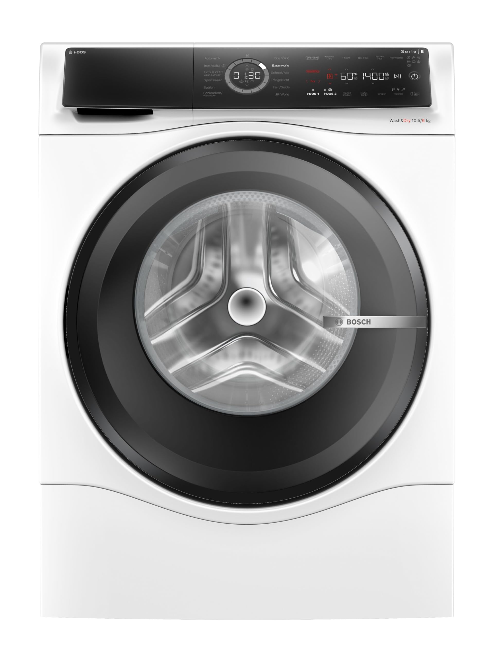 BOSCH Waschtrockner Serie 8 WNC254A40, 10,5 kg, 6 kg, 1400 U/min, Iron Assist, automatische Waschmitteldosierung i-Dos, Home Connect