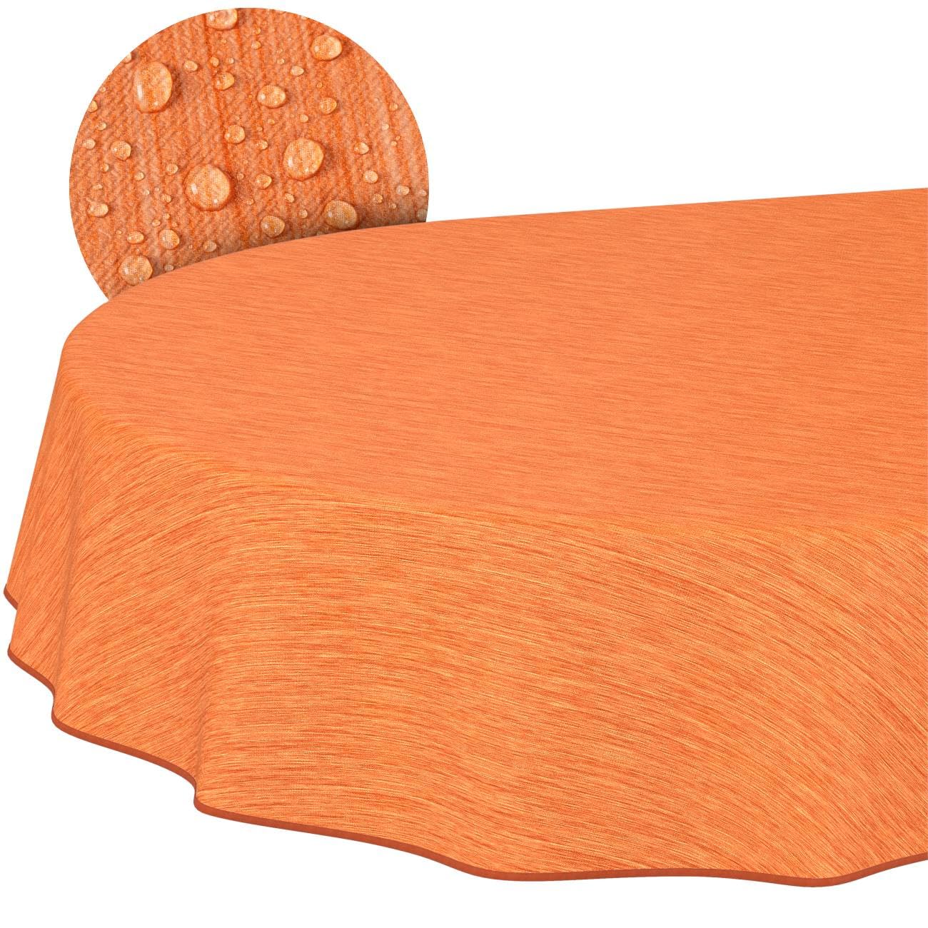 Washable Oilcloth Tablecloth Garden Tablecloth Linen Look Easy Care Water-Repellent 220 x 140 cm (Oval) Orange with Hem