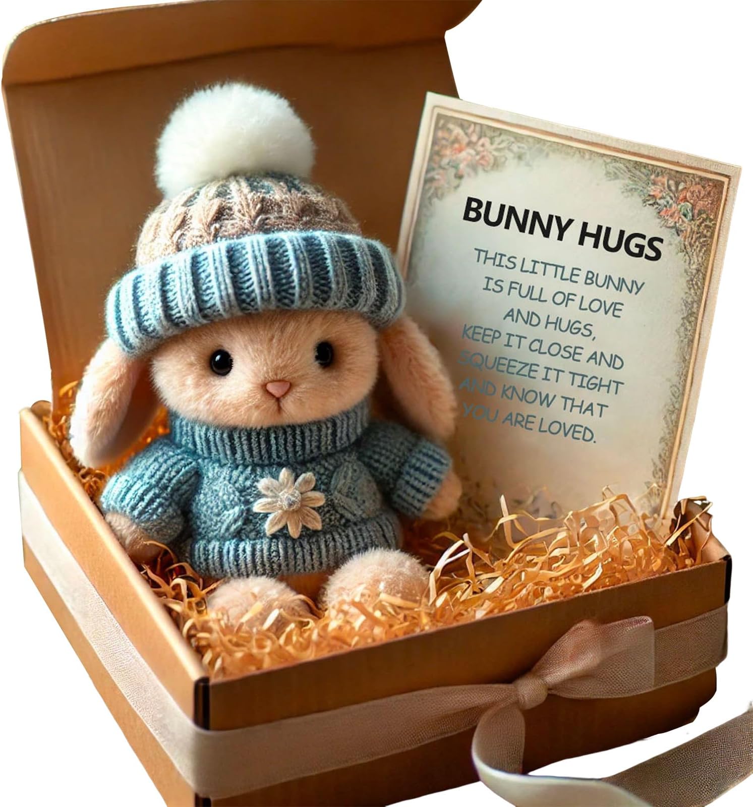 4 Styles Mini Bunny Hug Cute Easter Gift, Minis Rabbits in Box, Bunny in A Box, Emotional Support Positive Crochet Bunny, Handmade Plush Pocket Hug Rabbit Doll, for Kids Family Friend (blue)