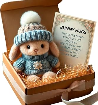 Eznaobo Mini Bunny Hug Cute Easter Gift, Mini Bunny Hugs in Box, Little Pocket Easter Bunny Hug, Soft Floppytiny Easter Bunnies, Emotional Support Positive Crochet Bunny for Women Men Blue
