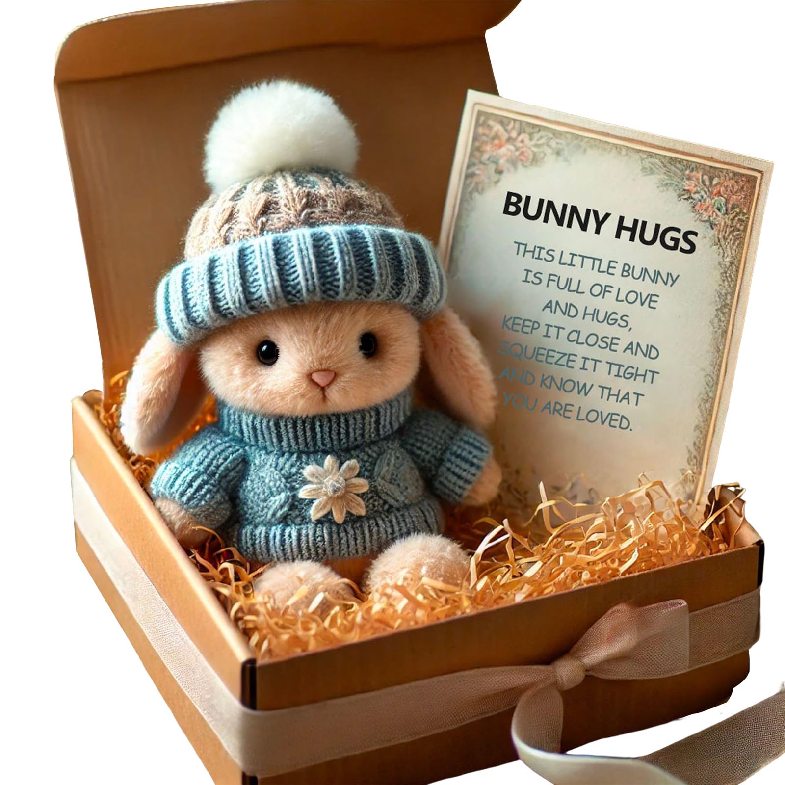 4 Colors Mini Bunny Hug Cute Easter Gift,Bunnies in Tin Box,Emotional Support Positive Crochet Bunny,Handmade Plush Pocket Hug Rabbit Doll,Cute Bunny Easter Gift Ornaments for Kids Friend (Blue)