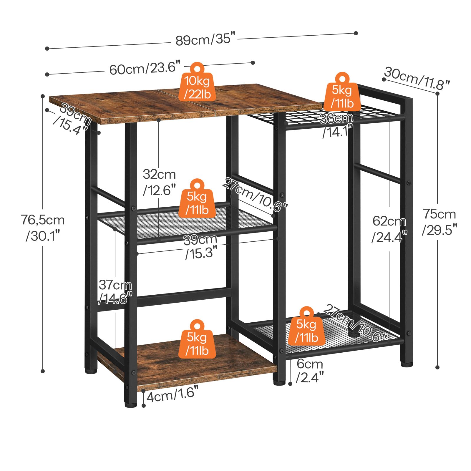 HOOBRO Estantería de Panadería, Organizador de Cocina, Estante de Microondas, Estación de Bar de Café, para Espacios Pequeños, Comedor, Marrón Rústico y Negro EBF15HB01