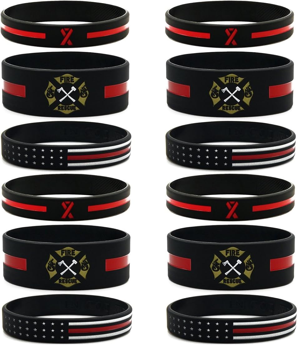 12Pack Firefighters' Thin Red Line Silicone Bracelets Wholesale Bulk Pack of