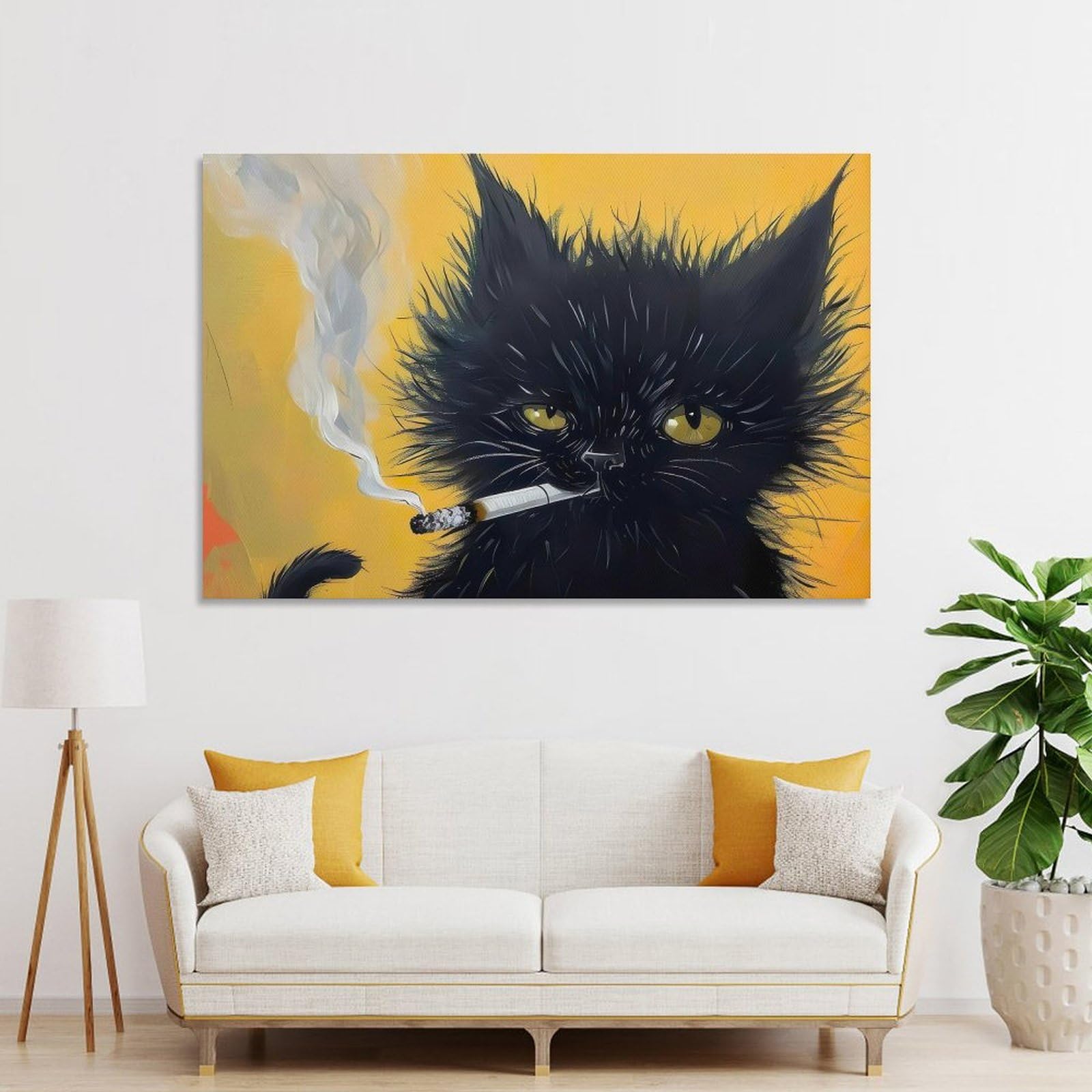 Vintage Smoking Black Cat Wall Art - Weird Gangster Cat Canvas Poster Victorian Kitsch Decor