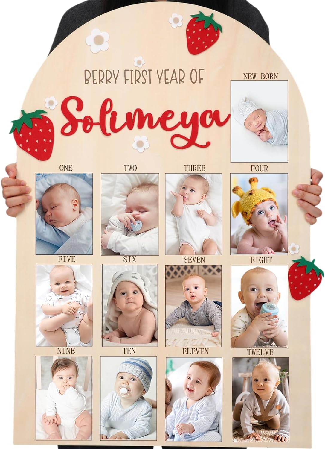Leinuosen 33 x 22 Inch My First Year Photo Board 12 Monthly Picture Frame with DIY Name Felt Letters 1st Birthday Decorations Gifts for Boy Girl Newborn Keepsake, Fits 4 x 6 Photos (Pink,Strawberry)