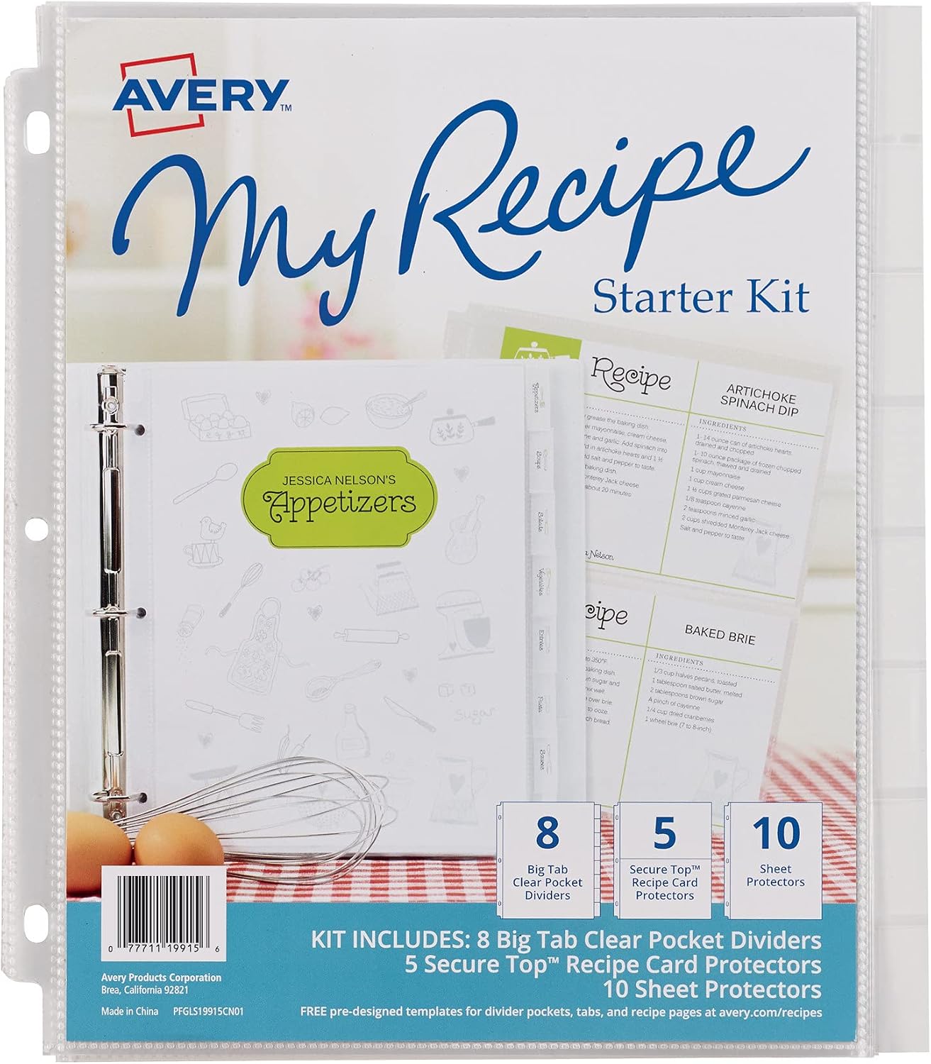 Avery Recipe Organizer Starter Kit, 8 Tab Dividers, 5 Recipe Card Protectors, 10 Sheet Protectors (19915)