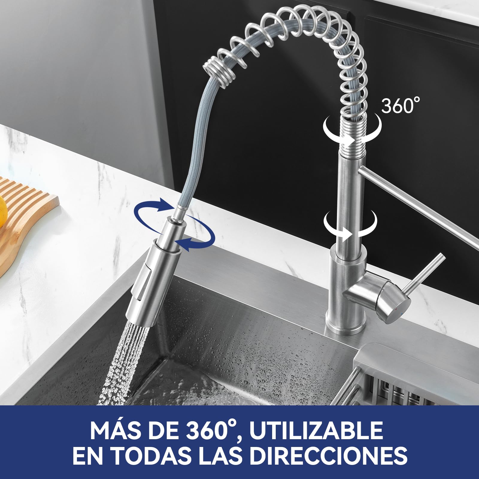 CECIPA Grifo Cocina Extraible, Grifo De Cocina Extensible Con Dos Modos De Salida De Agua, Grifo Monomando Cocina Mezclador De Arco Alto, Grifo Mezclador Giratorio De 360° Acero Inoxidable Cepillado