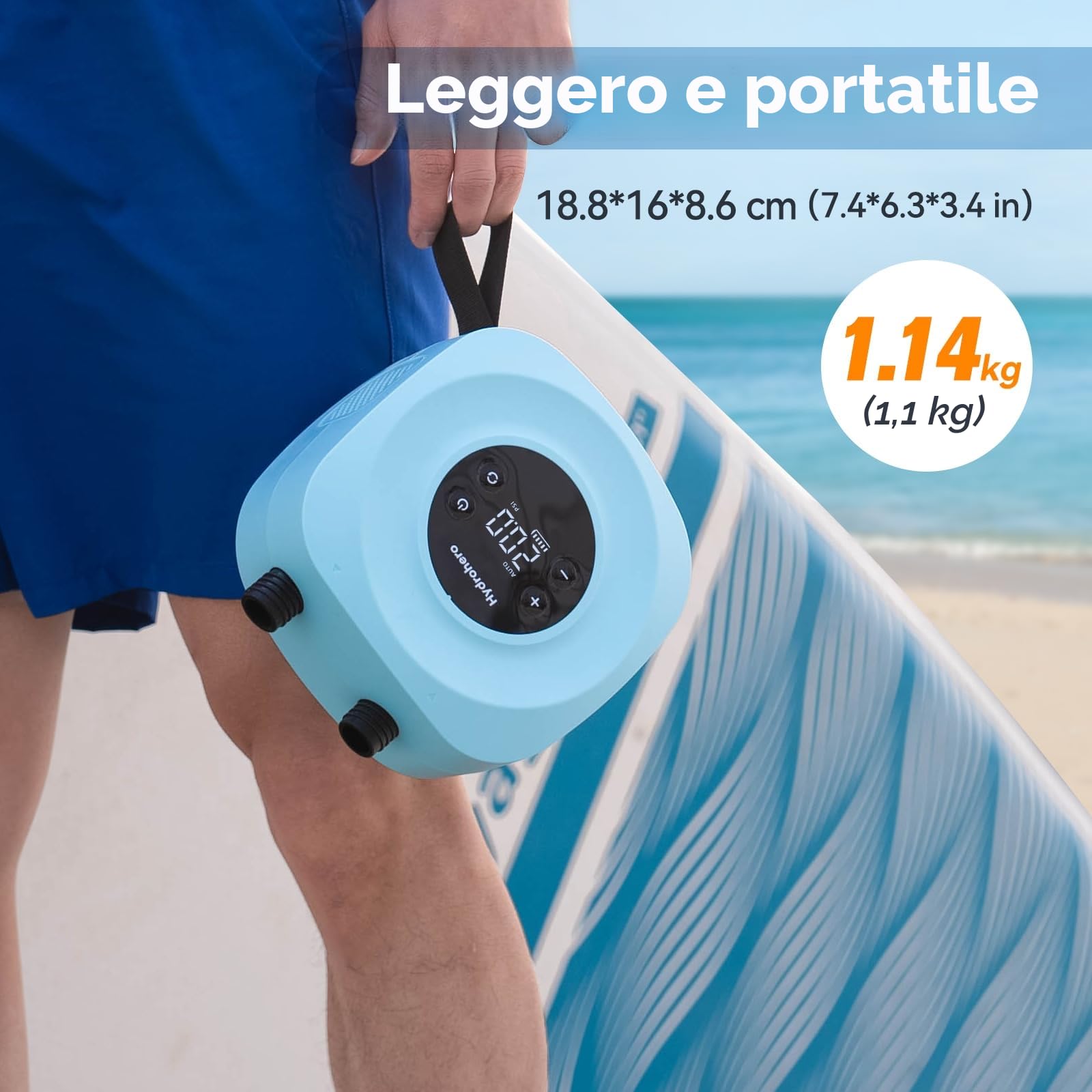 Hydrohero Pompa SUP elettrica, SUP ricaricabile 20 PSI, gonfiaggio rapido | 5 min a 12 PSI, 1,14 kg leggera, Batteria 38,48Wh, Gonfiaggio e sgonfiaggio doppio stadio, 7 ugelli, Borsa portaoggetti
