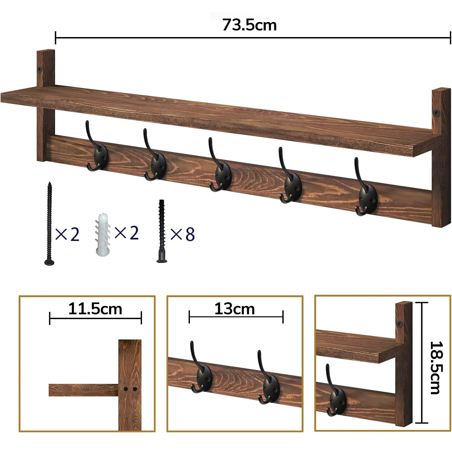 BAMEOS Gancio appendiabiti in legno a parete - Mensola lunga 73,5 cm con 5 doppi ganci in metallo, gancio per indumenti per ingresso, bagno, soggiorno, camera da letto, cucina, decorazione e