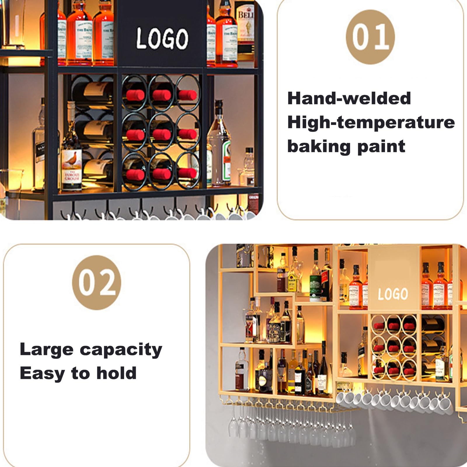 Wall Mounted Wine Rack Botellero de Hierro, Botellero de Pared Soldado a Mano, Botellero Vino Pared Industrial con Ganchos para Copas de Vino Cocina, Hogar, Bar(Gold)
