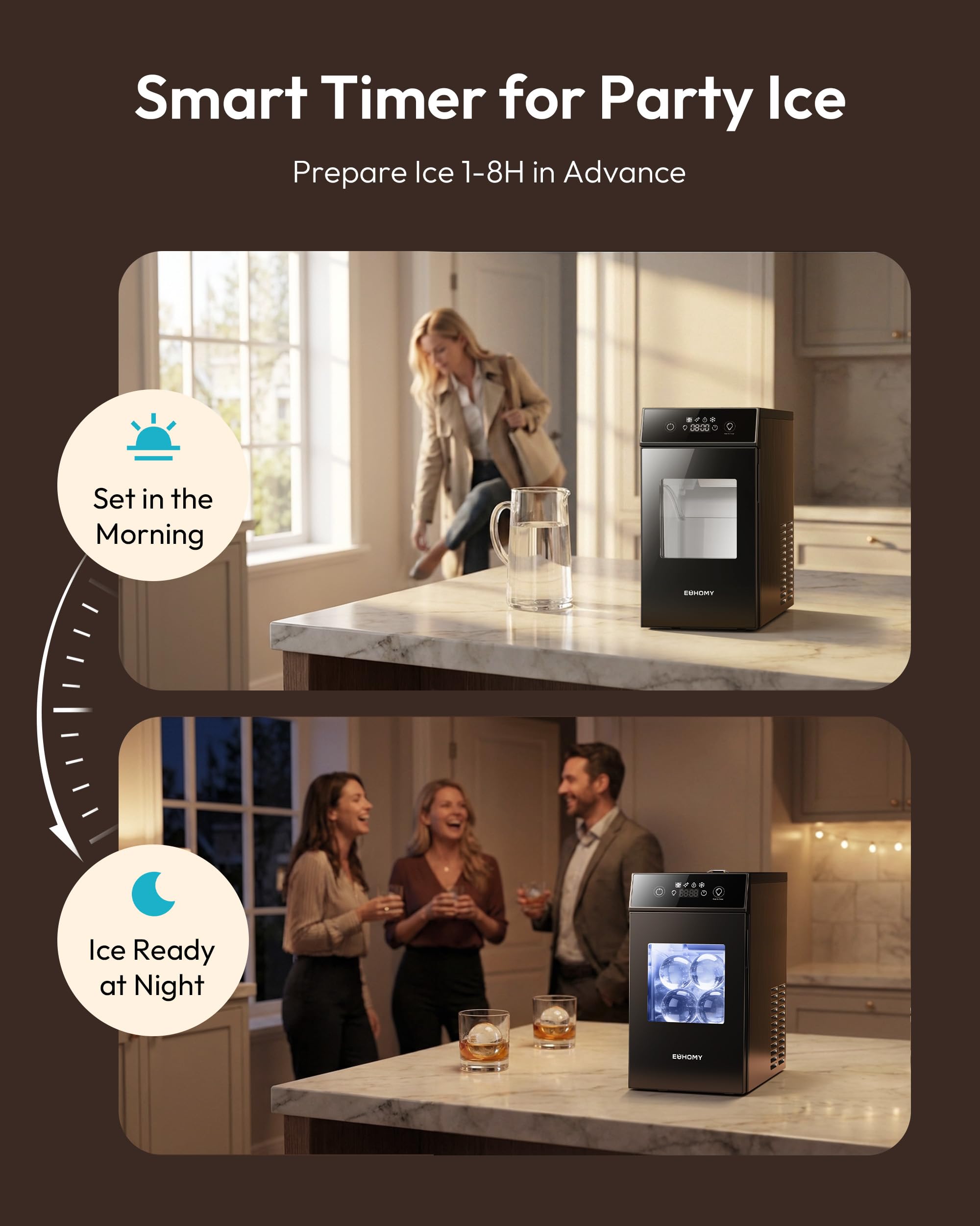 Euhomy 2.4" Ice Ball Maker Countertop, 2pcs Ready In 60mins, 48pcs/Day, 8h Timer, Self-Cleaning Sphere Ice Maker Machine With Crystal Clear Ice, Round Ice Cube Maker For Whiskey & Bourbon on Fridge.com - View 6