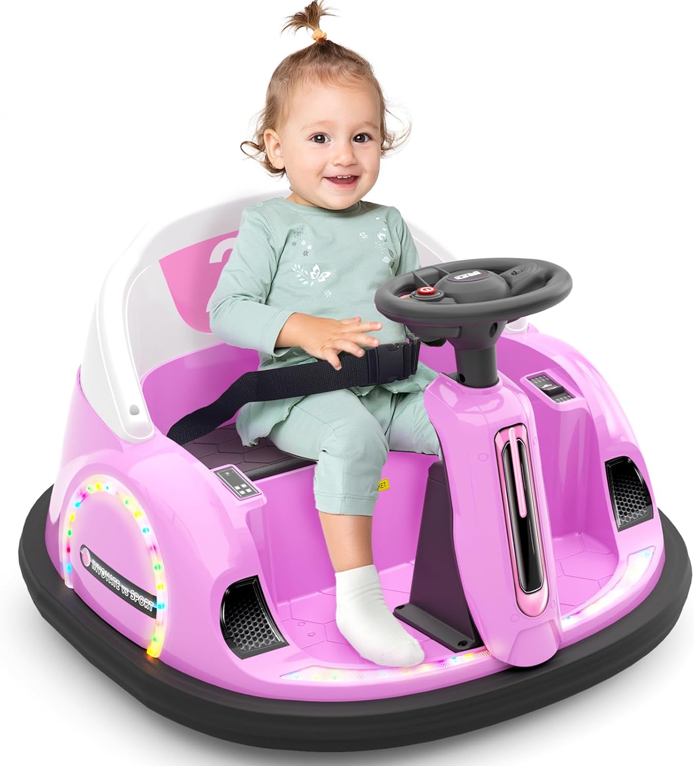 KORIMEFA 12V Electric Ride On Bumper Car for Kids & Toddlers 1.5-5 Years Old, Baby Bumping Toy W/Remote Control, Steering Wheel, LED Lights & 360 Degree Spin, Pink