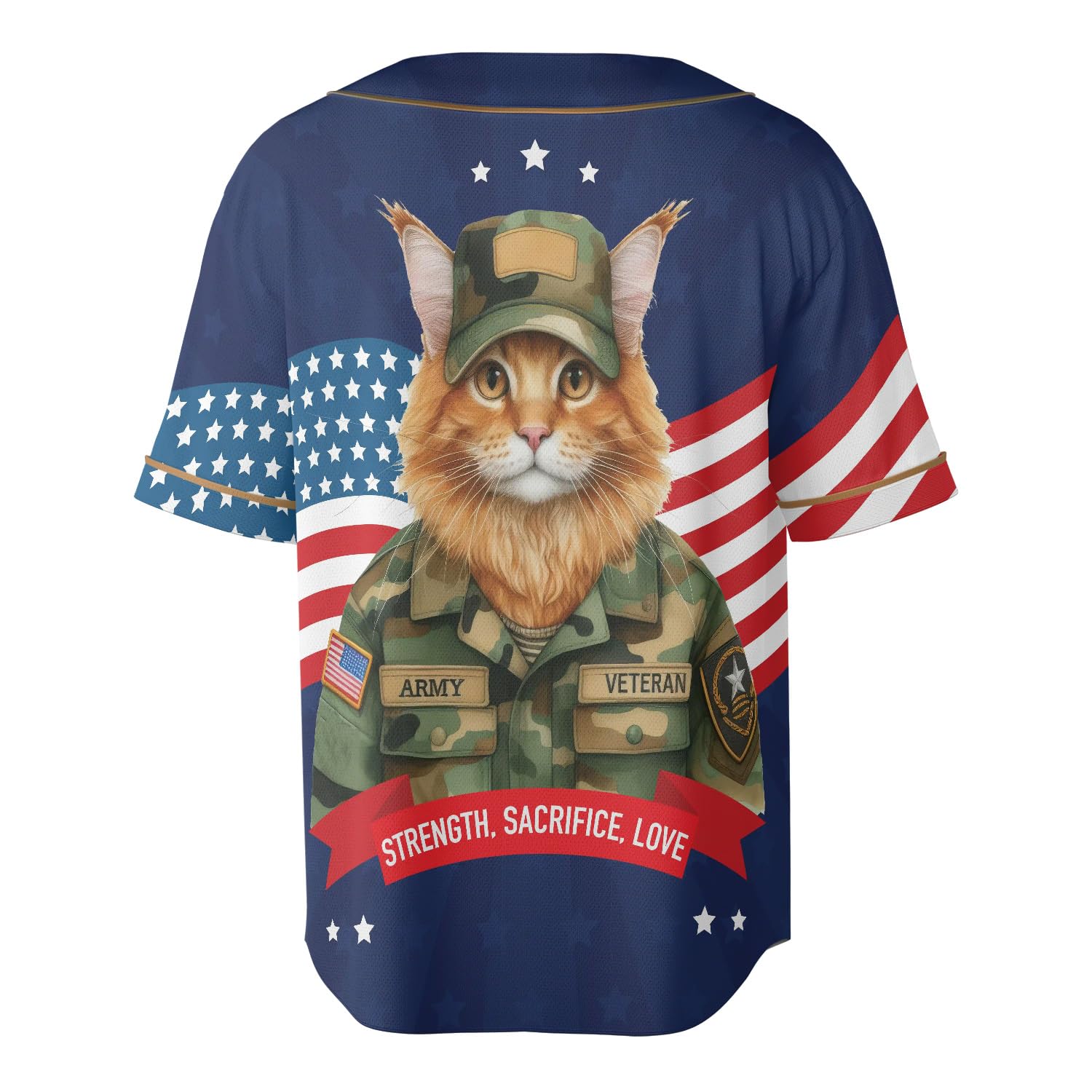 Happy Father's Day Honoring Veterans Maine Coon in Army Uniform All Over Print 3D Baseball Jersey Shirt Cat Lover Kitten Owner Gifts Softball Sport 13007