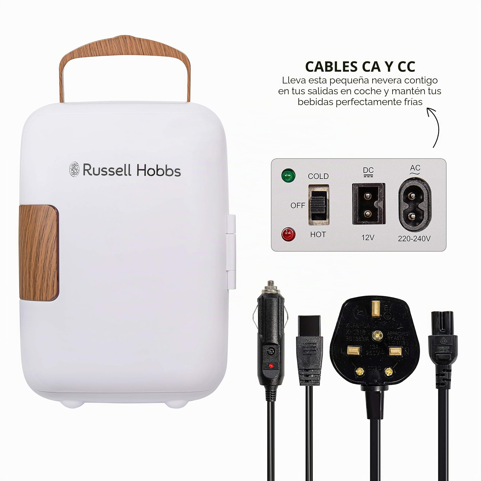 Russell Hobbs RH4CLR1001SCW minirefrigerador portátil de 4 L/6 latas, CA/CC, enfriador y calentador para bebidas, cosméticos/maquillaje/cuidado de la piel, estilo escandinavo, blanco y efecto madera