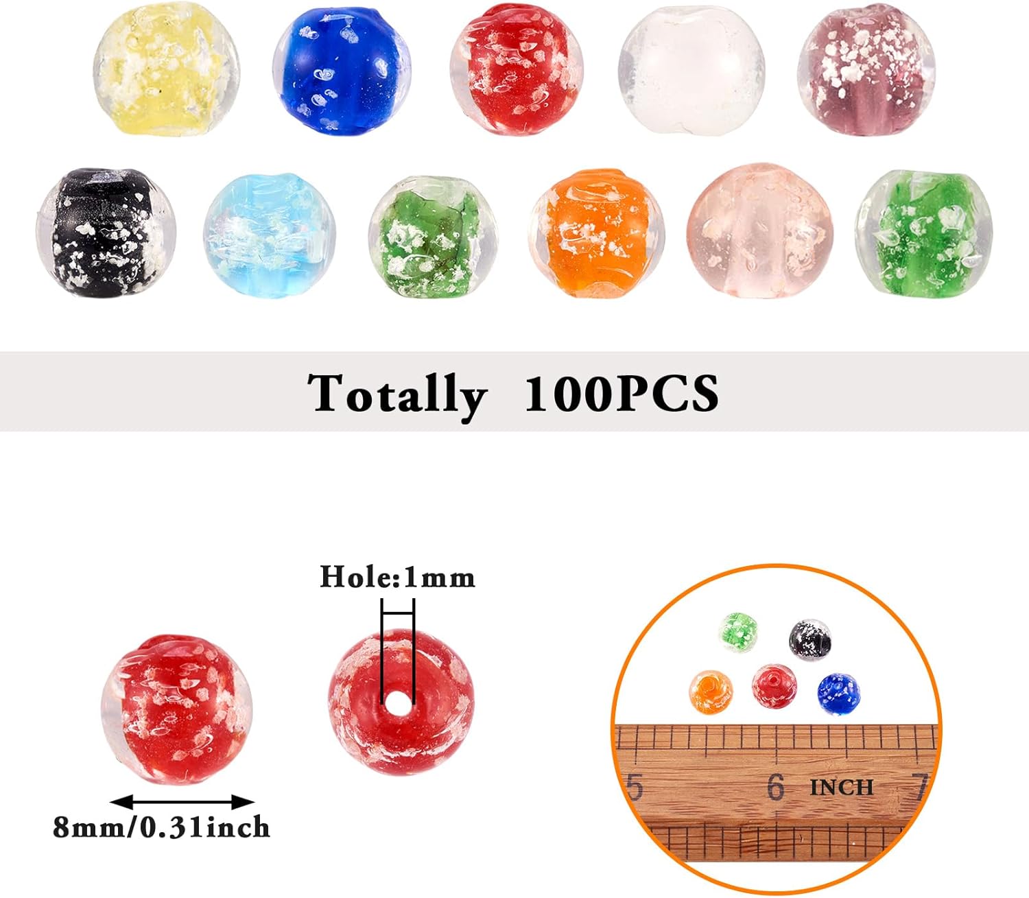 Cheriswelry 100pcs Luminous Handmade Lampwork Round Beads 8mm Glass Loose Spacer Ball Beads Crystal Handcraft Bracelet Beads Charms Mixed Color for DIY Earring Anklet Necklace Jewelry Making - Image 5