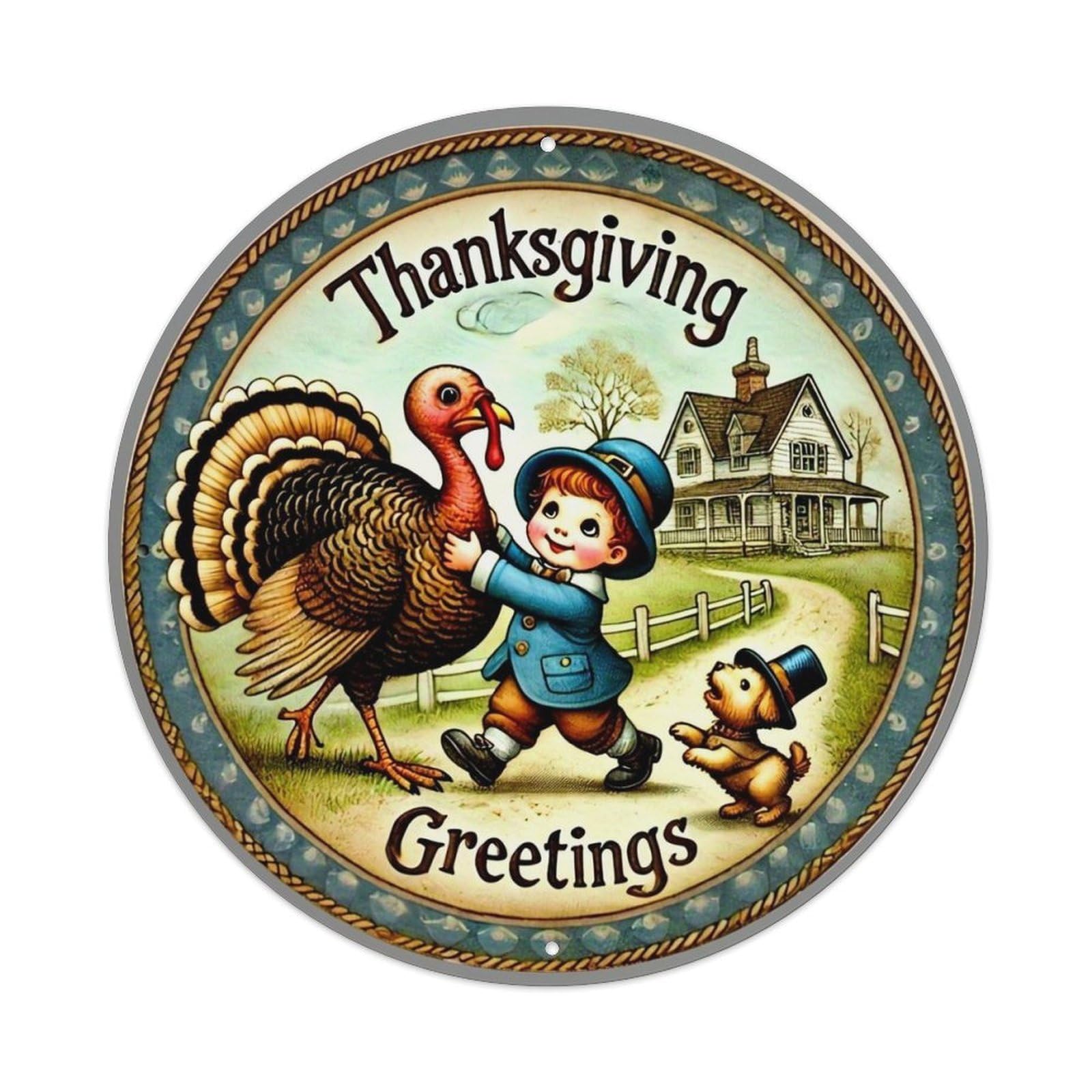 Thanksgiving Greetings Turkey Boy Duck Retro Metal Sign Round Tin Sign, Vintage Decor Art Poster for Bar, Home, Man Cave, Kitchen, Laundry Room Gift 8x8Inch