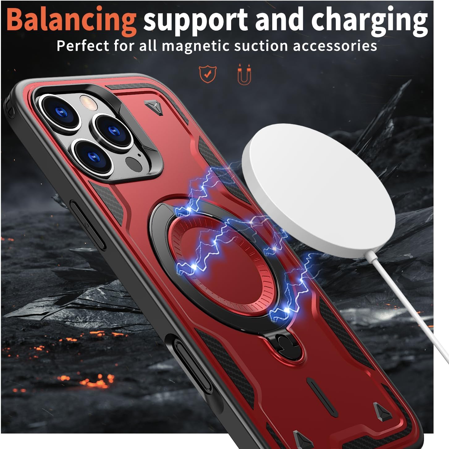 for iPhone 16 Pro Max Case Magnetic,Hybrid 2 in 1 Protective Slim Fit Sturdy Shockproof Phone Case with Invisible Magnetic Kickstand for iPhone 16 Pro Max Case 6.9 Inch,Red - Image 3