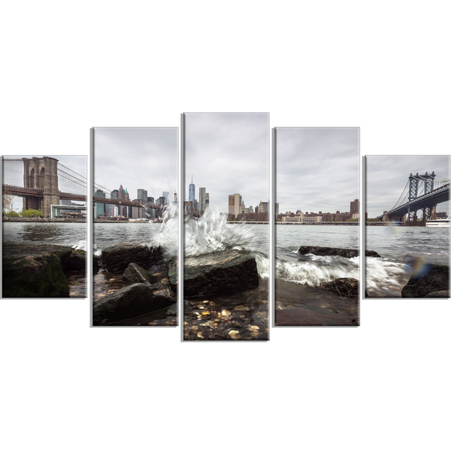 Design ArtDesign Art PT14019-60-32-5PD Skyline with Brooklyn Manhattan Bridges - Large Cityscape Artwork on Canvas,,60x32 - 5 Panels Diamond Shape