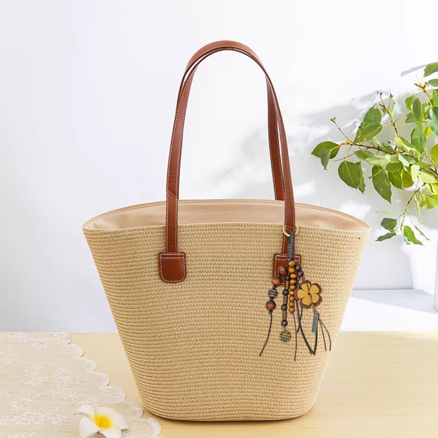 Natural Bodhi Wood Beaded Bag Keyring Hand-Woven Cowhide Lanyard with Wish Seeds Purse Charm Key Chain Pendant - Image 4