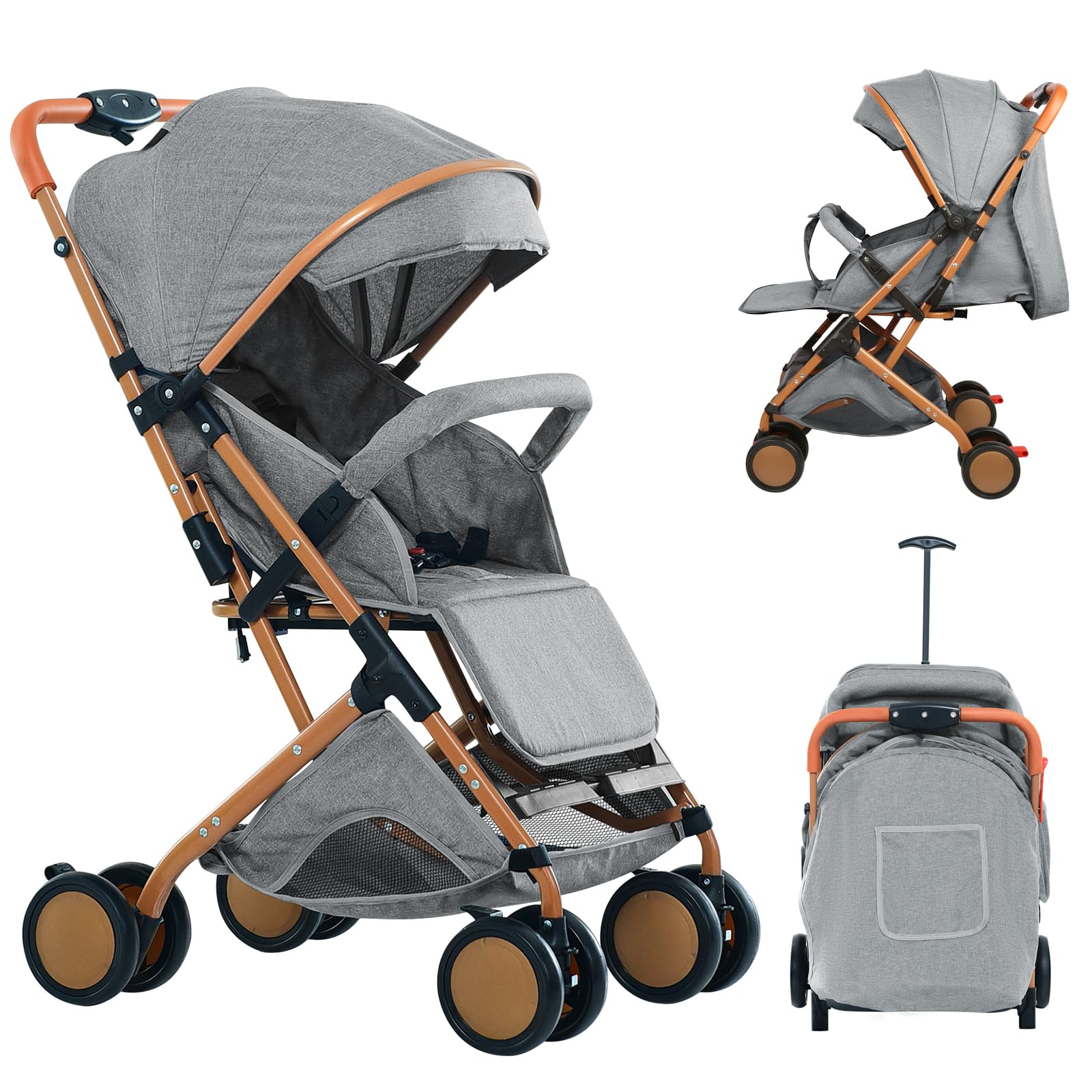Poussette ultra compact à de 0 à 6 ans, Poussette de voyage avec harnais de sécurité 5 points,rangement d'une seule,Avec poches et pare-soleil (gris)