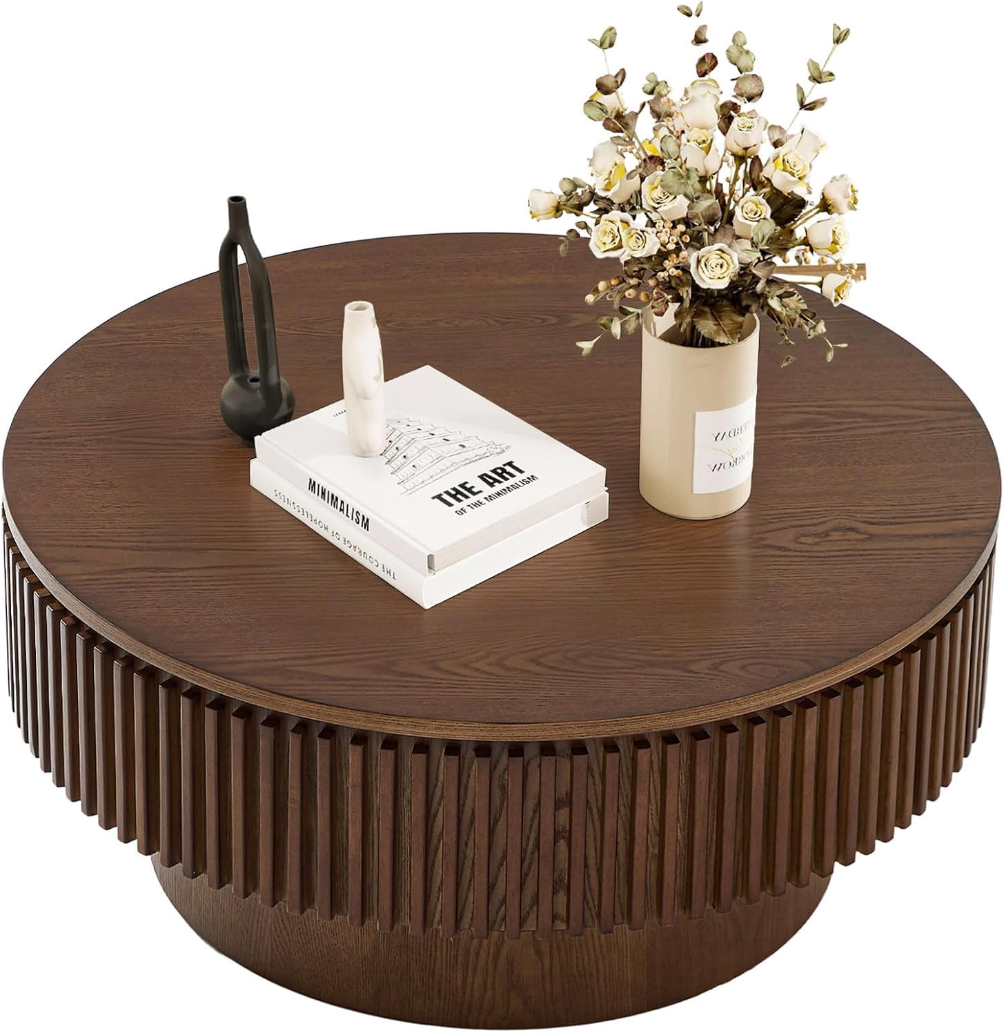 LKTART Walnut Round Fluted Coffee Table with Storage for Living Room