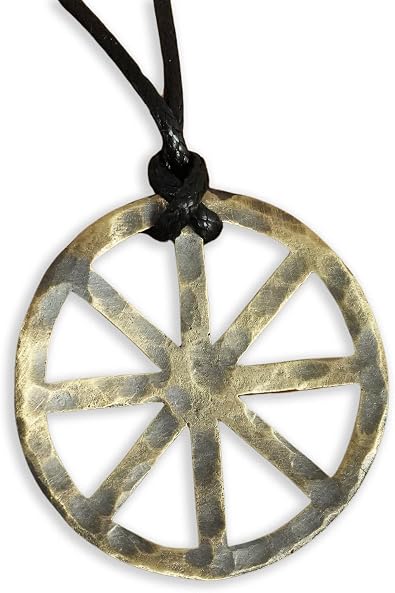 Brass Silver Hammered Solar Cross 8 Spoked Wheel Necklace | Hand hammered brass silver 8 spoke wheel pendant, rustic solar cross sun symbol, Viking pagan and Dharmachakra gift