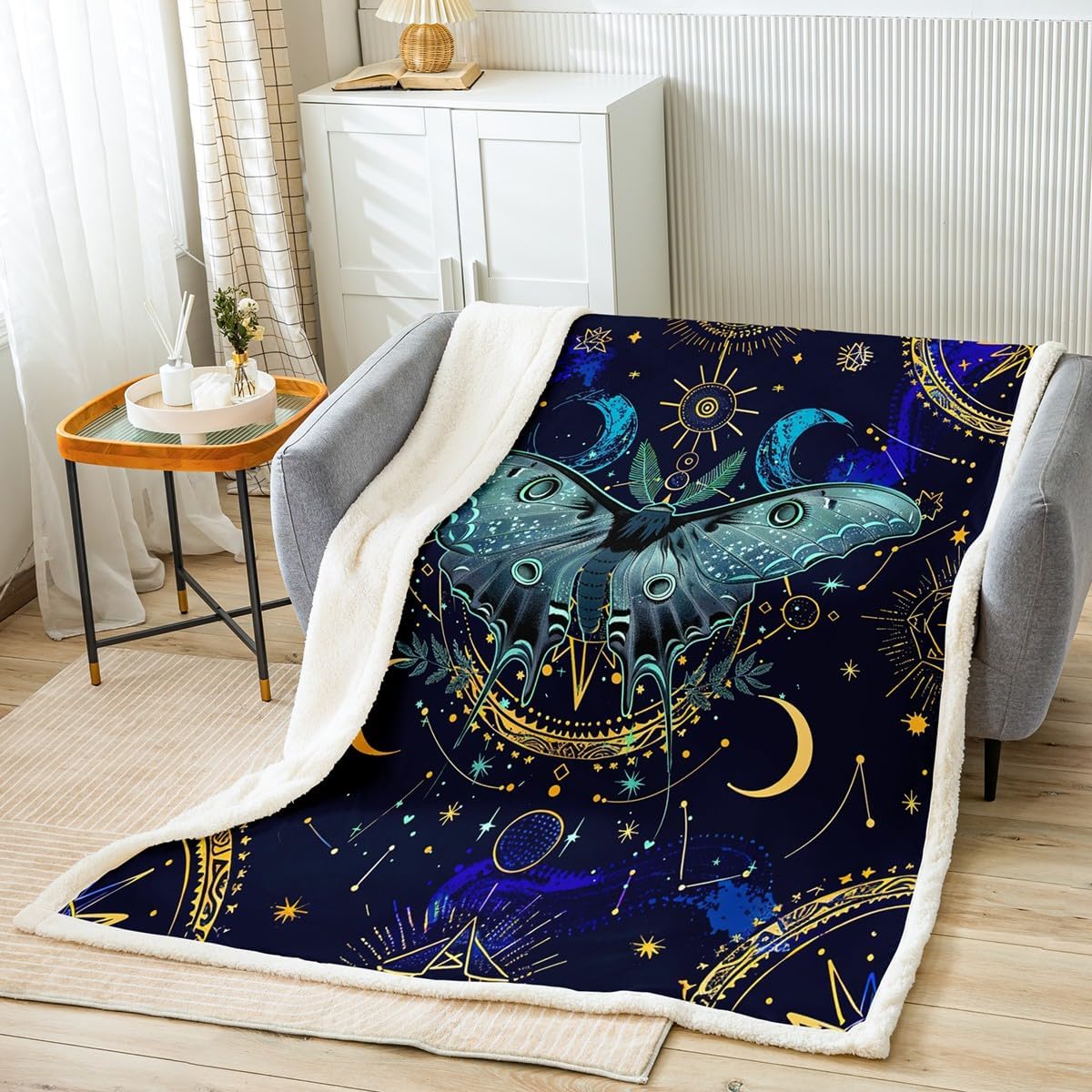 Castle Fairy Skull Flannel Blanket,Skeleton Blue Rose Flowers Floral Fuzzy Blanket for Children Present,Yellow Stars Moon Boho Galaxy Print Polyester Throw Blanket for Couch, Twin Size (60 x 80 Inch)