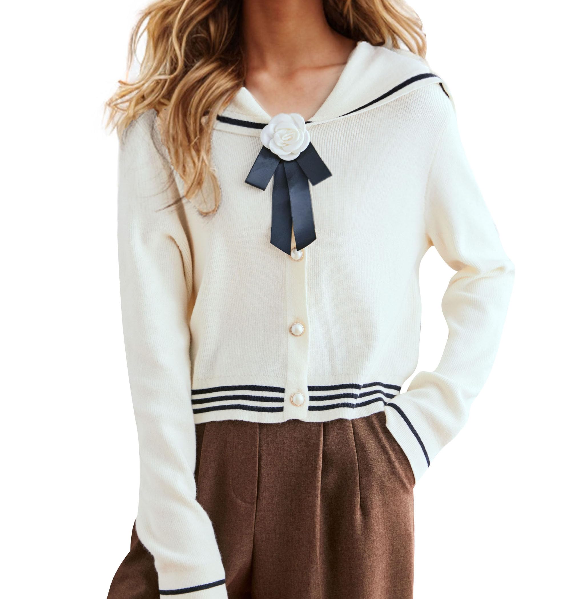 LAI MENG sailor collar stripe knit top