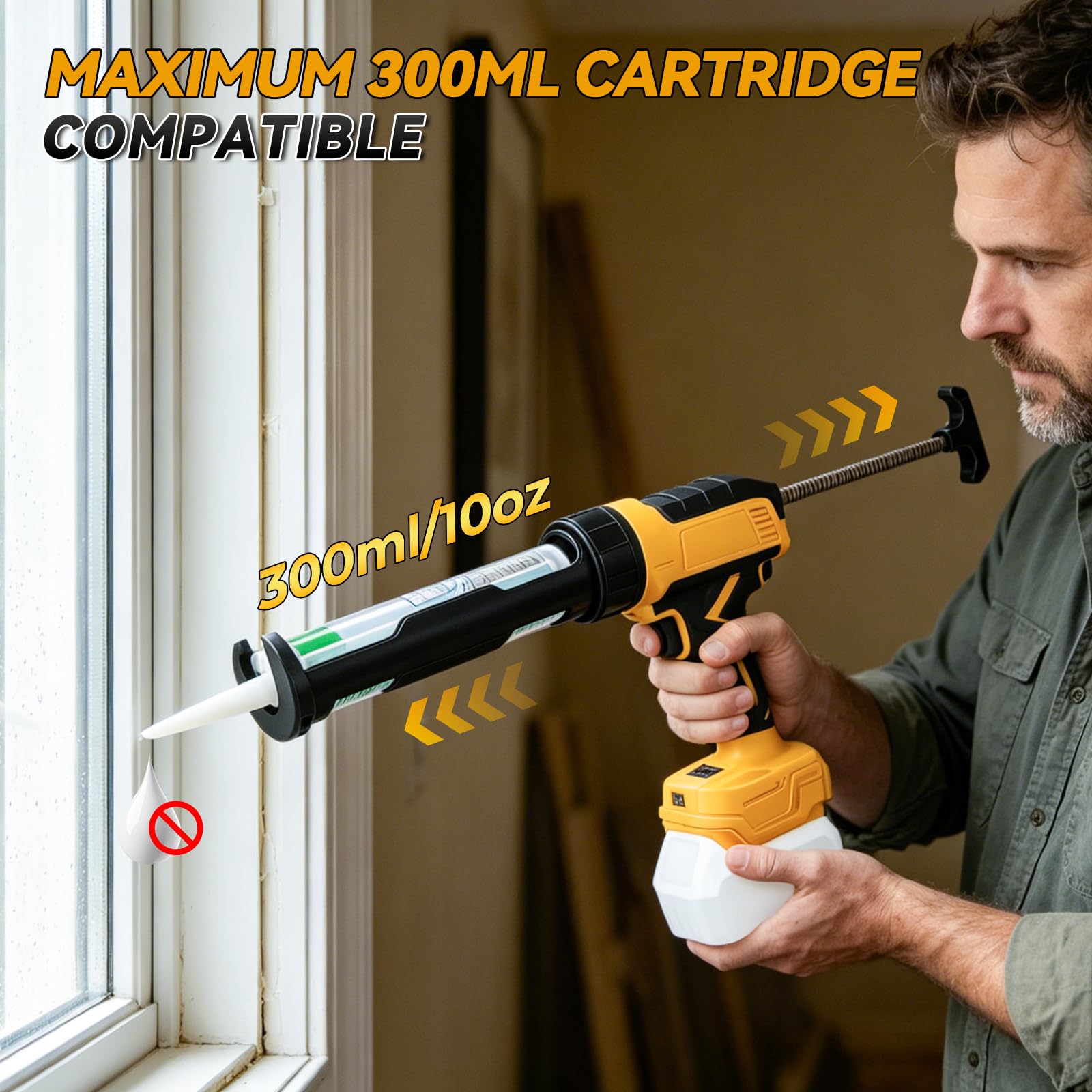 Pistola de cartucho con batería, compatible con batería DeWalt 18 V 20 V, 600 kg de fuerza de empuje, pistola eléctrica de silicona ajustable en 6 niveles con luz LED para cartuchos de 300 ml (sin