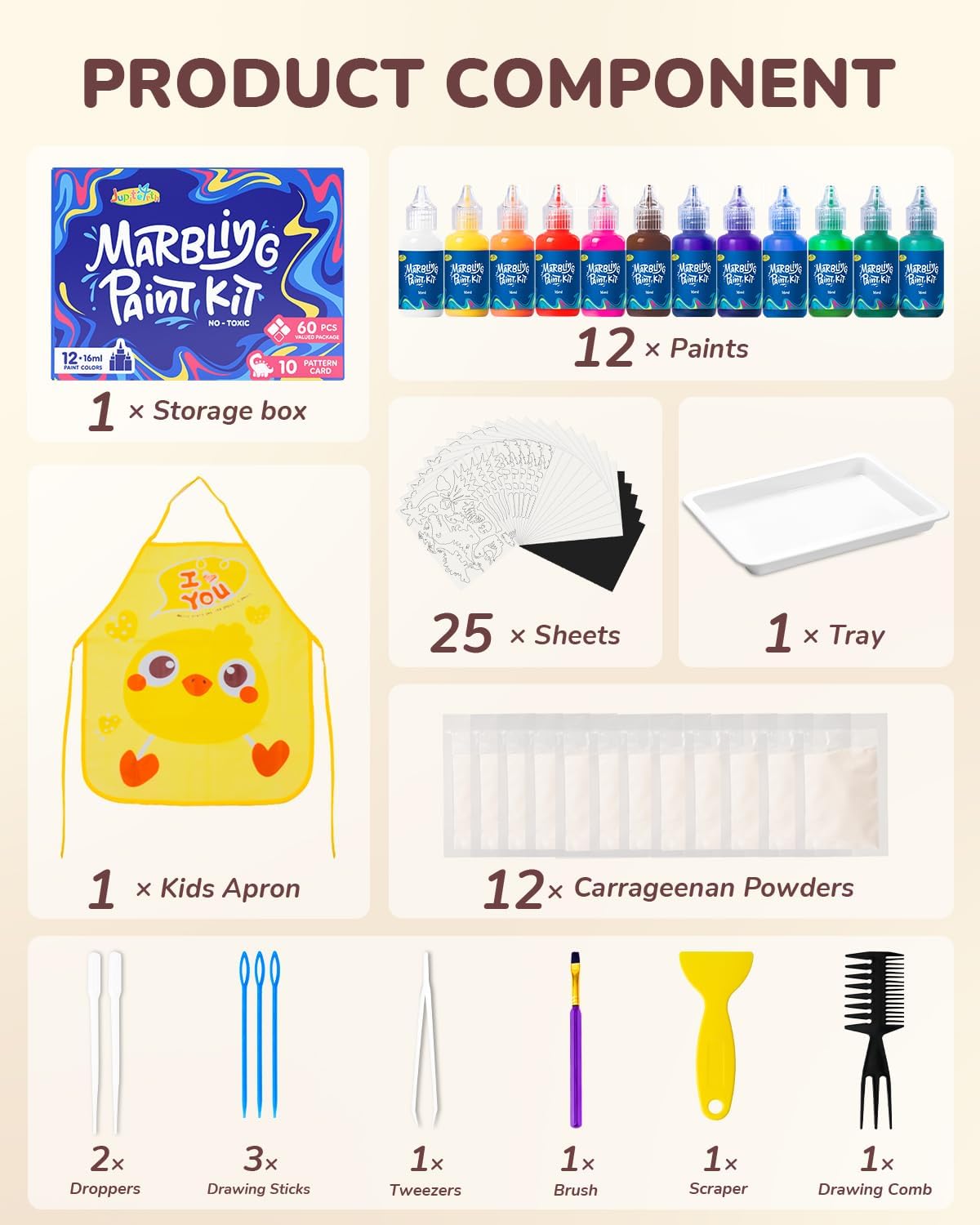 JUPITEARTH 60Pcs Water Marbling Paint Kit, Arts and Crafts for Girls & Boys, Art Supplies for Kids Ages 3-5 4-8 8-12, Marbling Paint for DIY Crafts, Christmas and Birthday Gifts