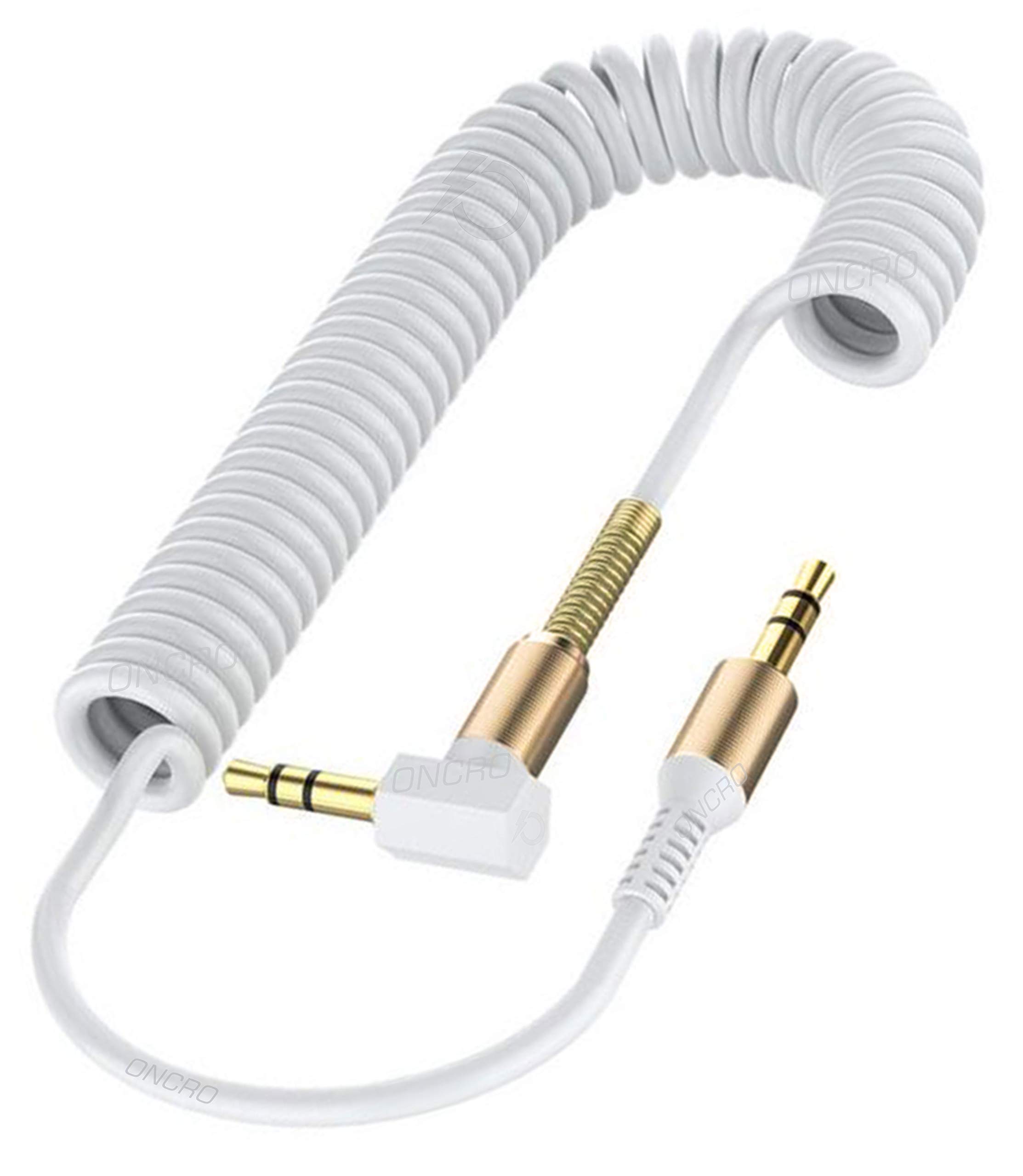 White Male to Male 3.5 mm aux Cable, Elbow L Shape Stretchable Spiral Telescopic Coiled, 90 Degree Right Angle with Steel Spring Relief for Headphones, Smartphones, Home/Car Stereo