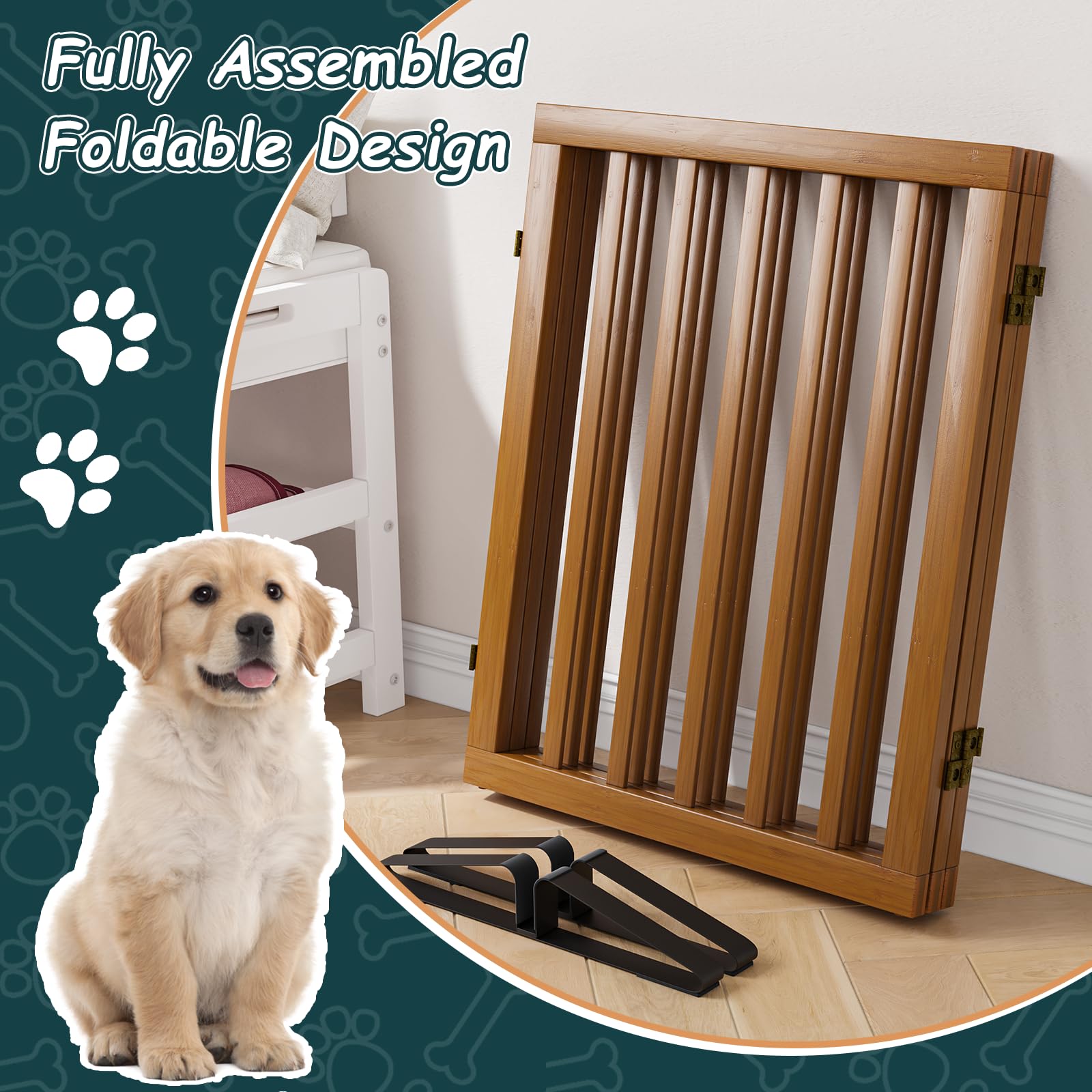 Barrière de Sécurité pour Chien 3 Panneaux sans Perçage 61cm x 140cm avec Supports Métalliques Noyer