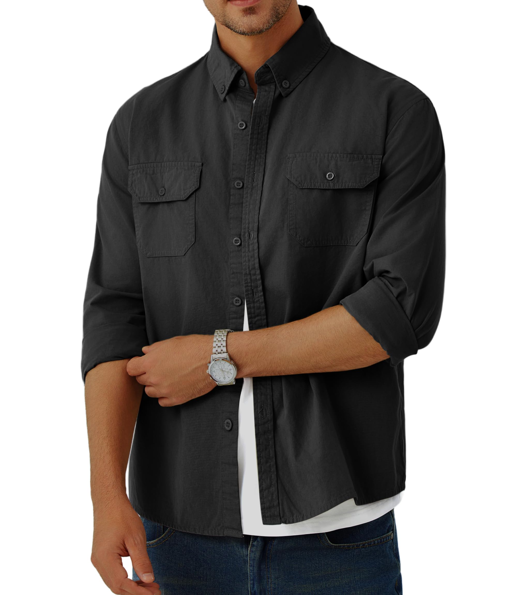 GLESTORE Herren Hemd Langarm Shirt Herren Hemdjacke Overshirt Freizeithemd Herrenhemden Business Schwarz L