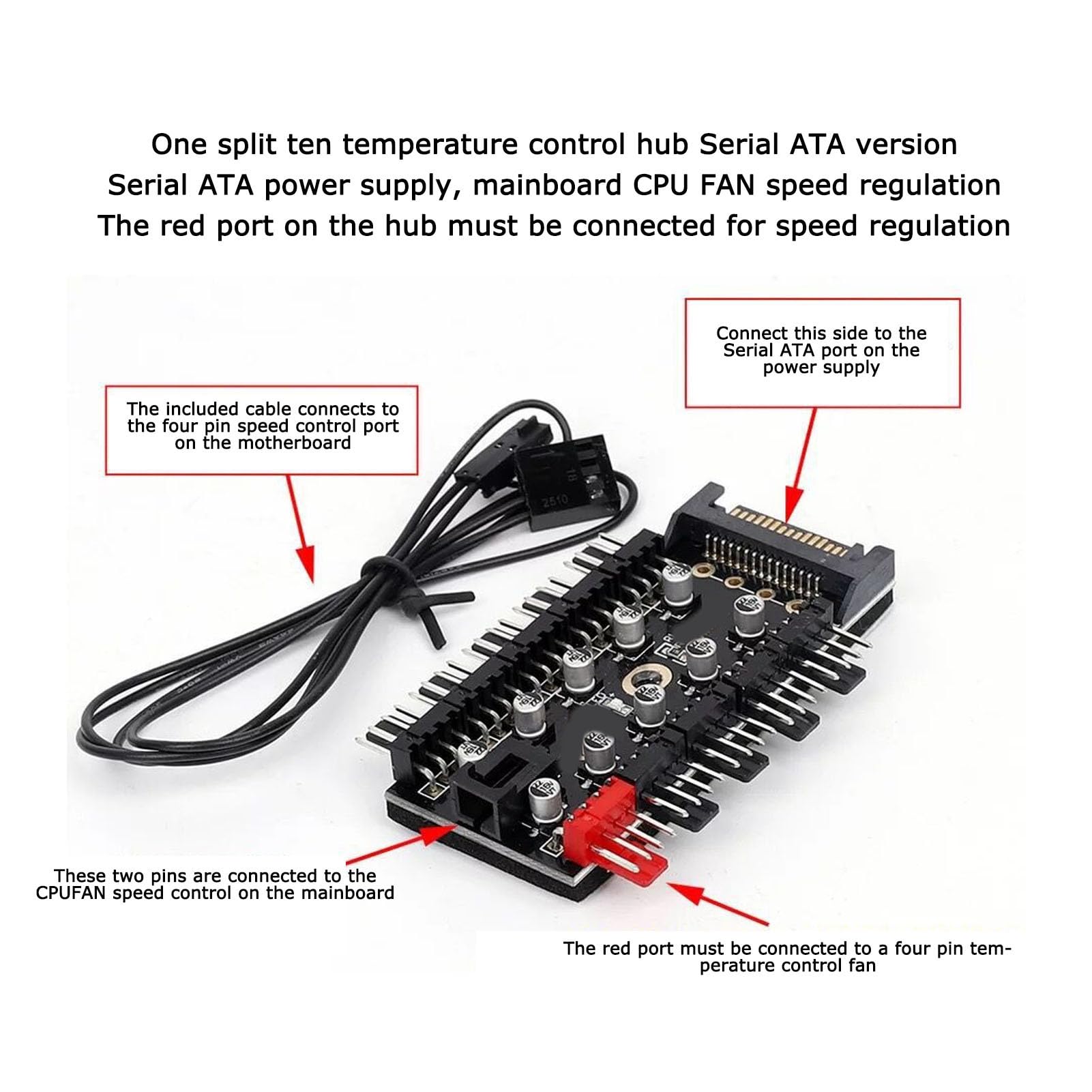 PC Chassis Fan Hub, 10 Port 12V 4 Pin CPU Cooling Fan PWM Hub for Computer Motherboard (Serial ATA Power)