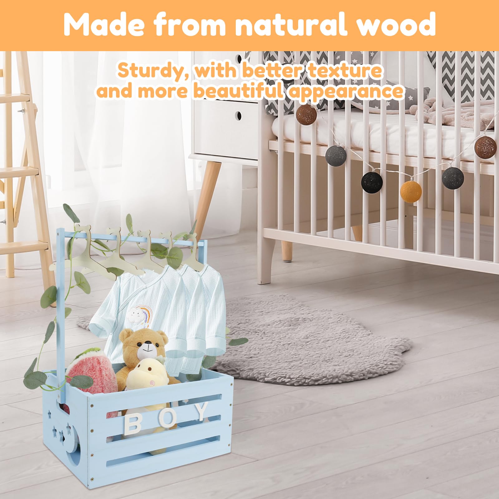 LuLobtg baby Shower Crate Closet with Green Garland, 40x30x20cm Wooden Clothes Rack with 10 Hangers for New Parent Gifts (blue) - Image 2