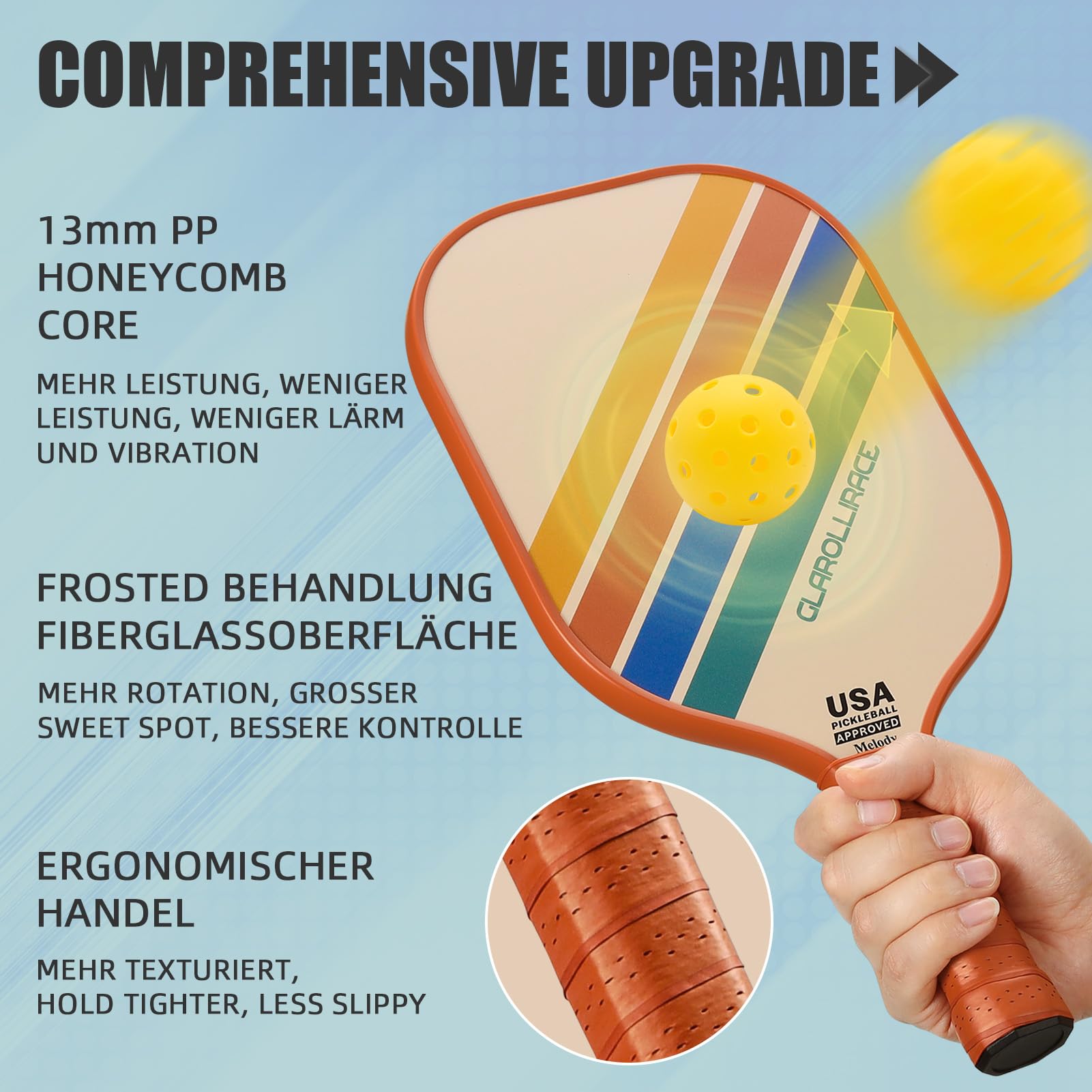 Pickleball Paddle Set mit 2 | 4 Fiberglas Fledermäusen, USAPA genehmigt, Pickleball Paddle, Fiberglas Oberfläche und PP Wabenkern, atmungsaktiver Griff, 4 Innen- und Außenbälle, 1 Tasche