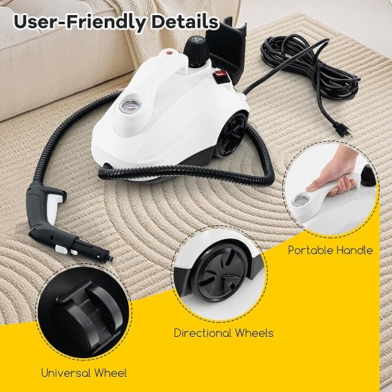 COSTWAY Multi-Purpose Steam Cleaner, Portable Steamer with Trigger Lock, Wheels & 61 OZ Water Tank, 1800W Steam Cleaning Machine for Upholstery, Car, Floor, Grout & Tile, 15 Accessories Included | Wheels & 61 OZ Water Tank, 1800W Steam Cleaning Machine for Upholstery, Car, Floor, Grout & Tile, 15 Accessories Included